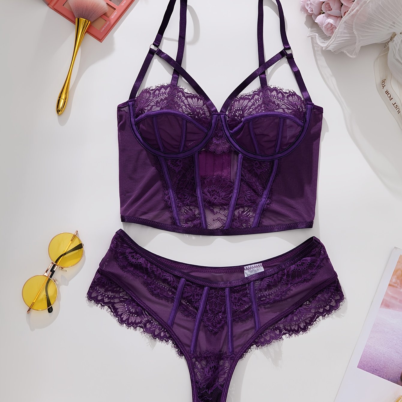 TEMU Set 2 pezzi reggiseno in pizzo viola scuro traforato da donna, design con spalline e schiena , stile francese , vestibilit� ad elasticit�, croce