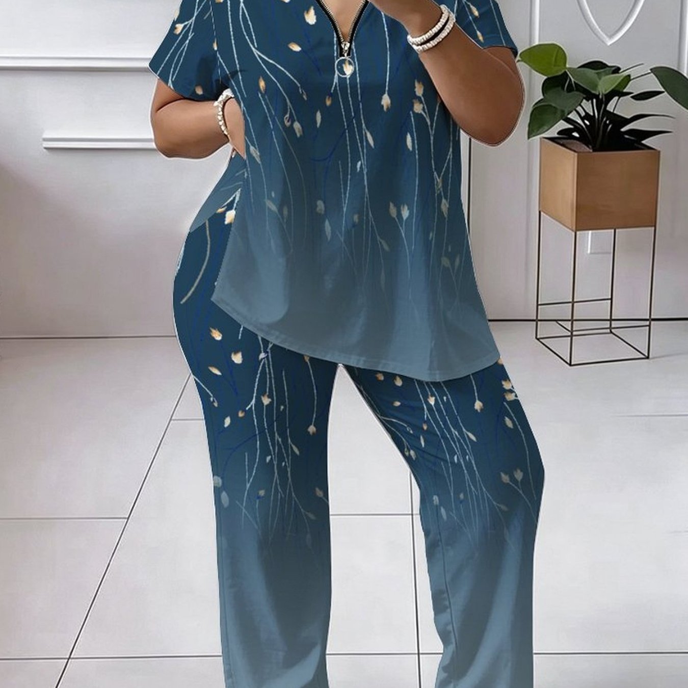 Plus Size, Women's Suit, Plus-size Women's Suit, Full-body Floral And Tree Pattern, Casual Party, Comfortable Material, Stylish And Unique Short-sleeve Top, Comfortable And Breathable Pants Set