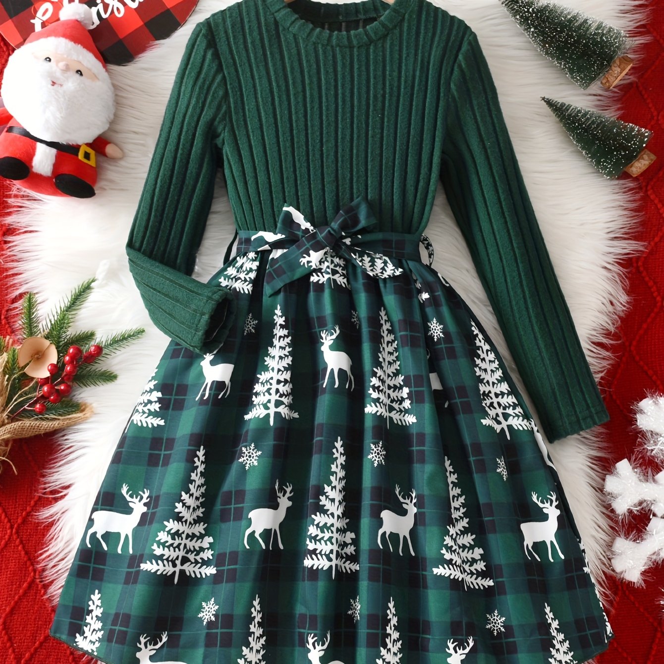 Girls' Dress, A Stylish Autumn And Winter Christmas Outfit For Young Girls, Featuring A Belt And A Hem With Christmas-themed Prints, Making It For The