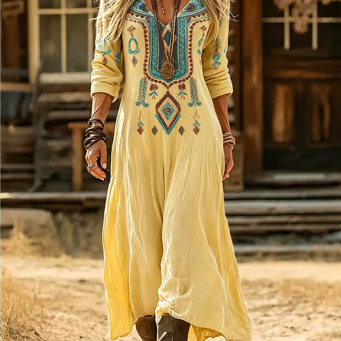 Image of And Summer Ladies Elegant Fashion Retro Bohemian Ethnic Printing Long-sleeved V-neck Dress, Casual Dress, Soft And Skin-friendly, Perfect Wear , Summer And Autumn, Casual To Semi-formal Settings