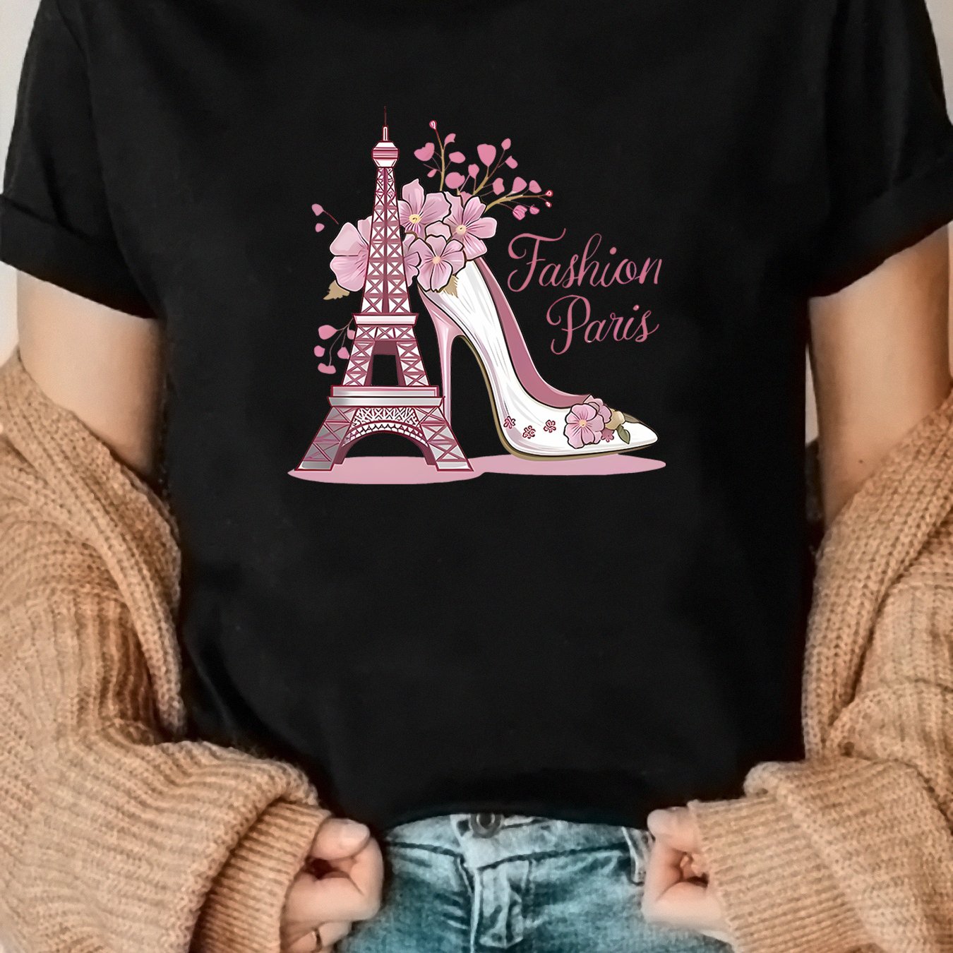 TEMU A Cute Summer Women's Fashion T-shirt Featuring A Design Of Tower And High Heels - Made From Soft, Short-sleeved, Round Neck, Loose Fit, Perfect