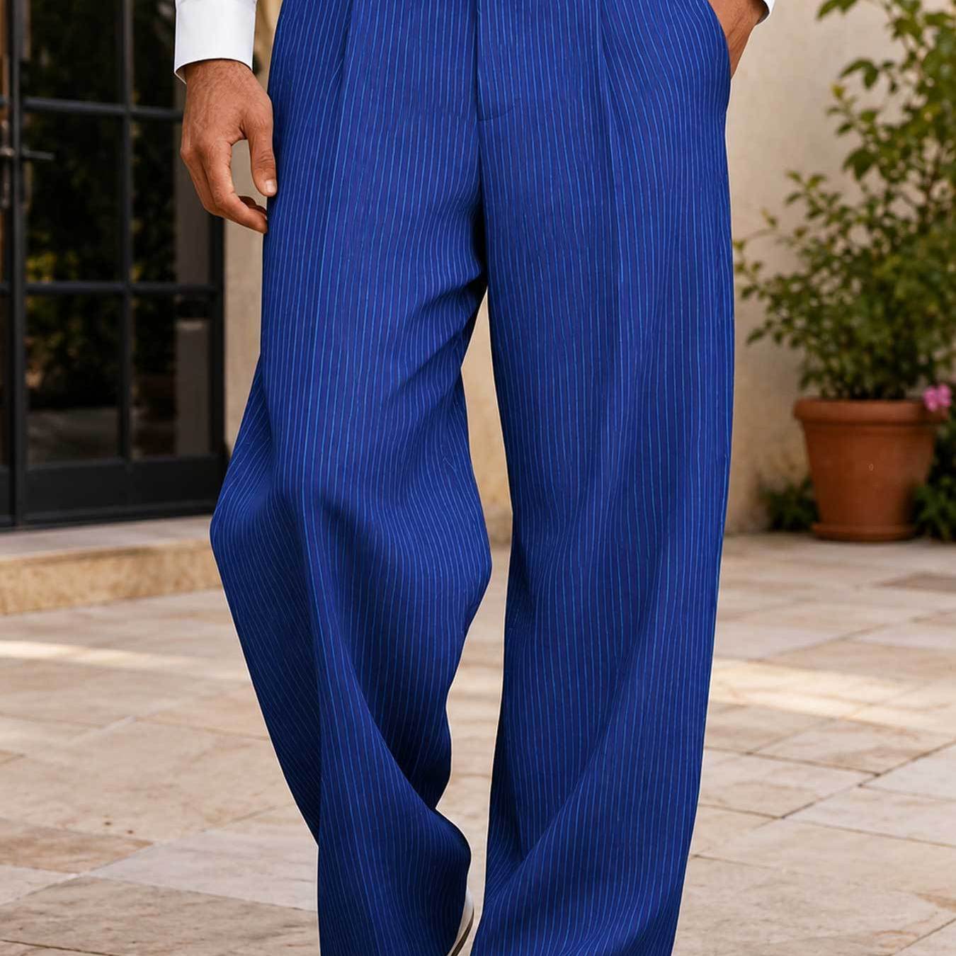 Image of Men's Casual Suit Trousers, Men's Blue Pinstripe Pants, Business , Vintage Look, , Formal Wear, Suitable For Office, Professional Meetings, And Casual Daily Wear