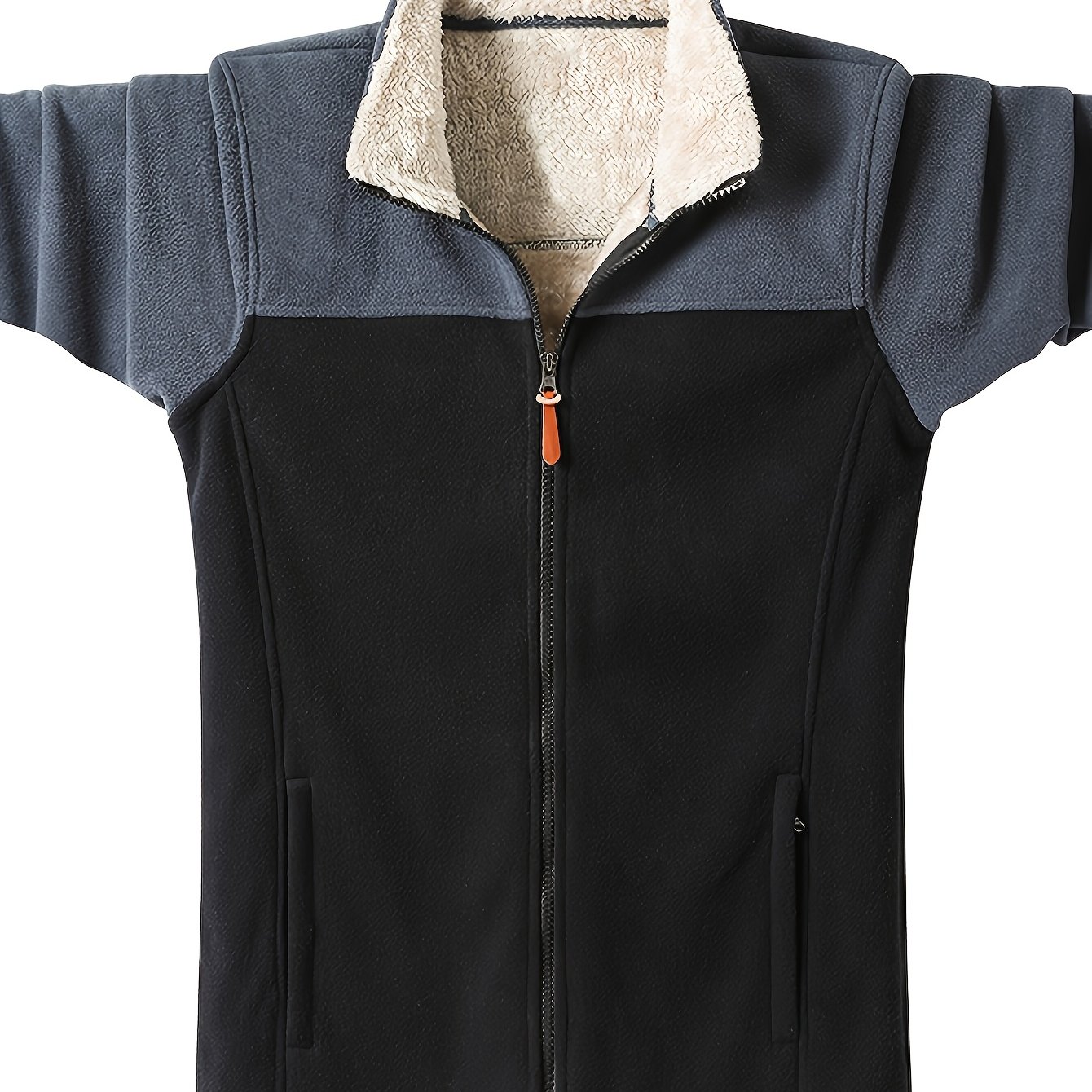 TEMU Obm Men's Autumn/winter -lined Thickened Jacket, Color-block Stand Collar Warm Outerwear, Outdoor Zipper Cardigan, Camping Casual Versatile Top