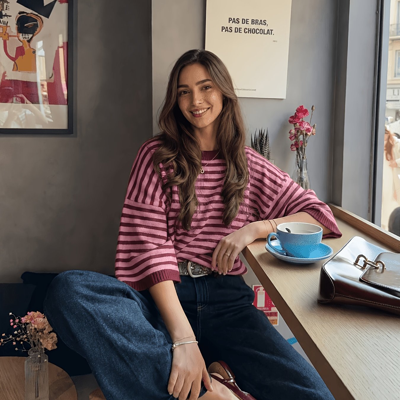 TEMU Women's Color-block Striped Three-quarter Sleeve Sweater, Round Neck Pullover, A Versatile Top Suitable For Multiple Occasions And Autumn.