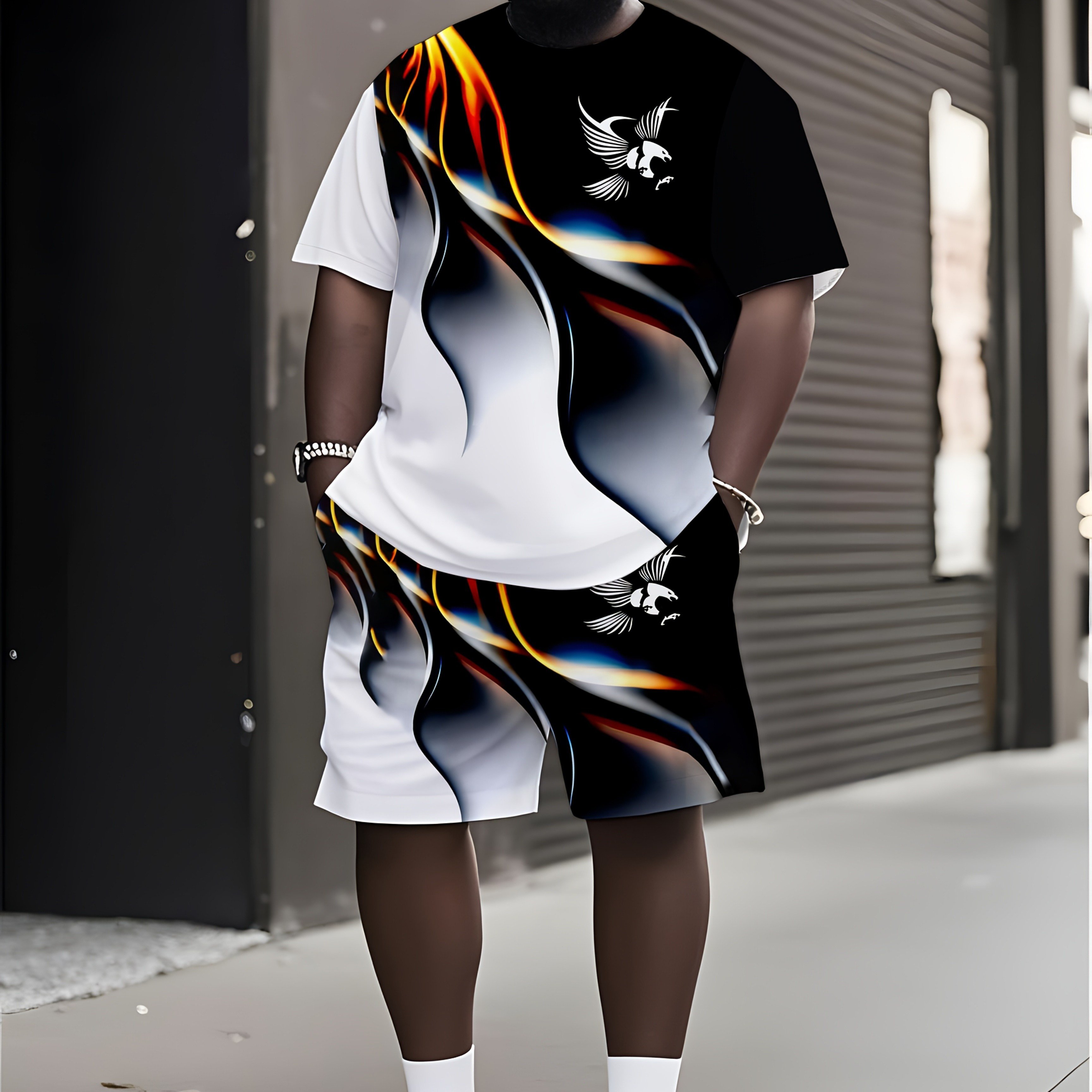 TEMU 2-pc Fashion Men's Gradient 3d Printed Eagle Logo Sports Crew Neck Short Sleeve T-shirt And Shorts Set, 100% Polyester, Machine Washable, Plus