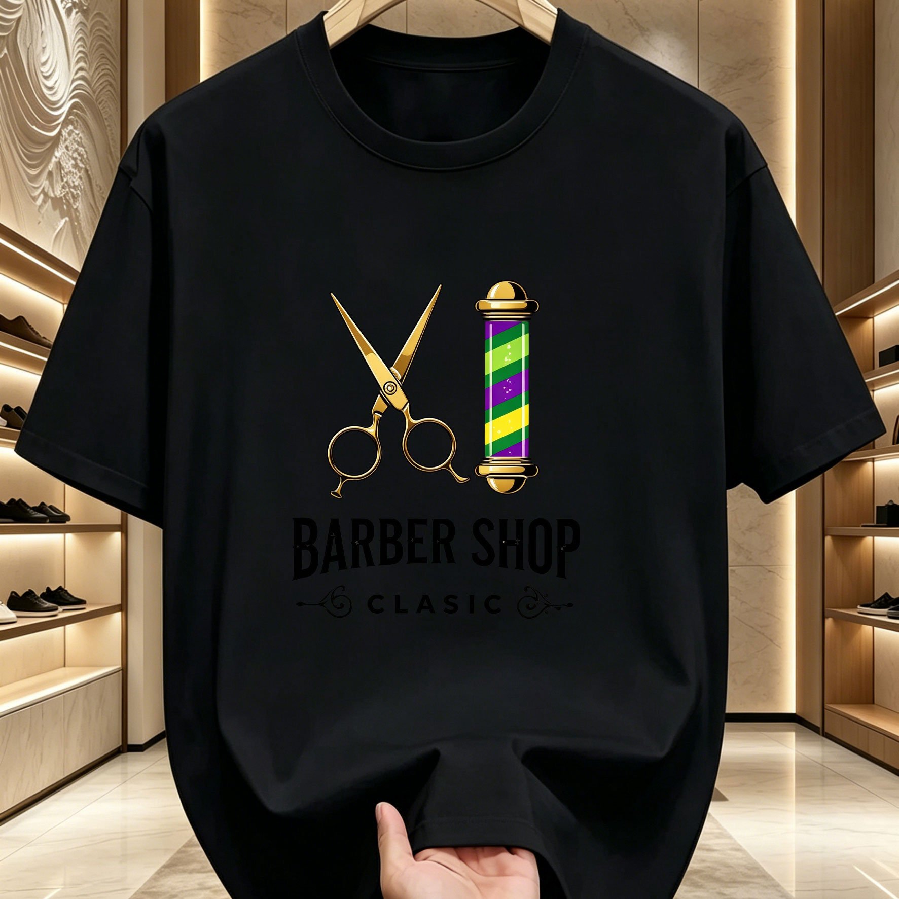 TEMU Summer Men's Casual Short Sleeve T-shirt, Round Neck Top With Barber Shop Scissors Logo Print, Vintage , Barber Elements, Print On Front And