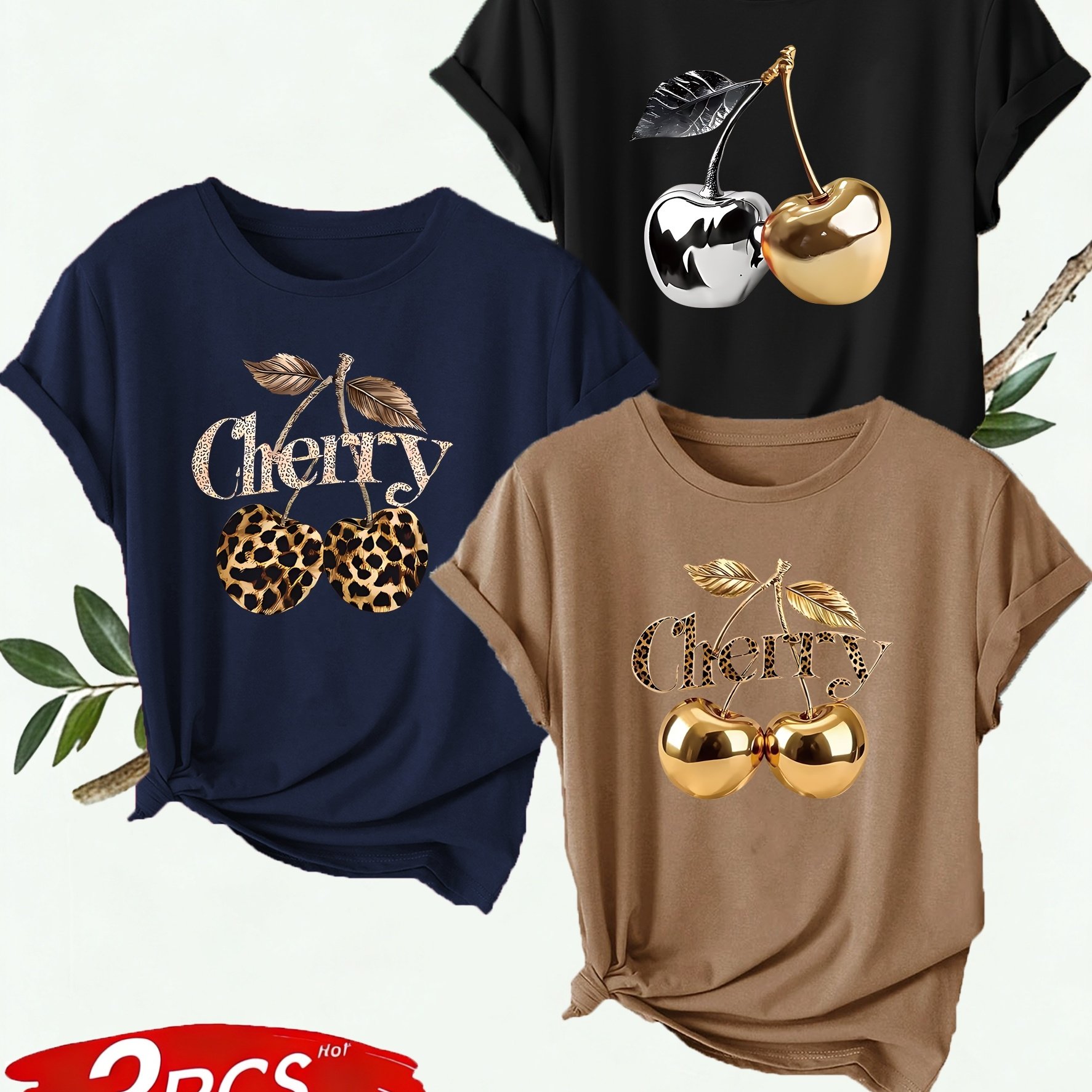 TEMU 3pcs Women's Short Sleeve Crew Neck T-shirts, Cherry Series Print Design, Casual, Comfortable, And Versatile, Machine Washable, Breathable