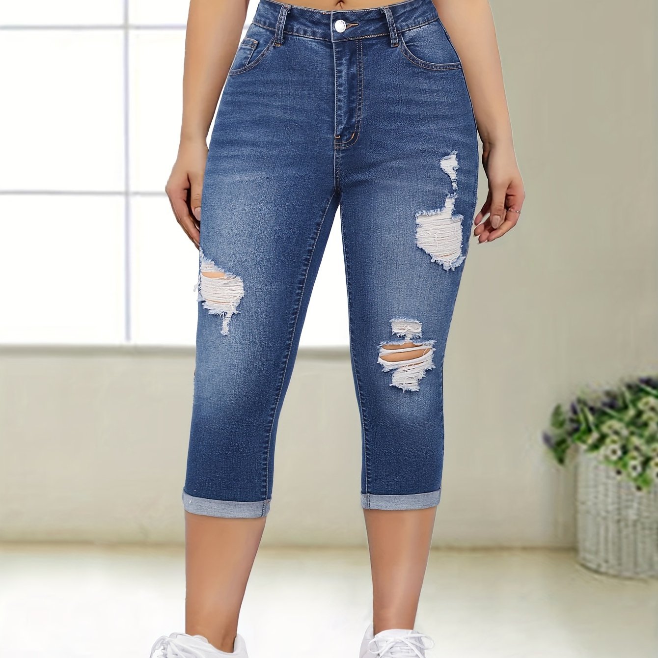 Women's Fashion Ripped Denim Capri Pants