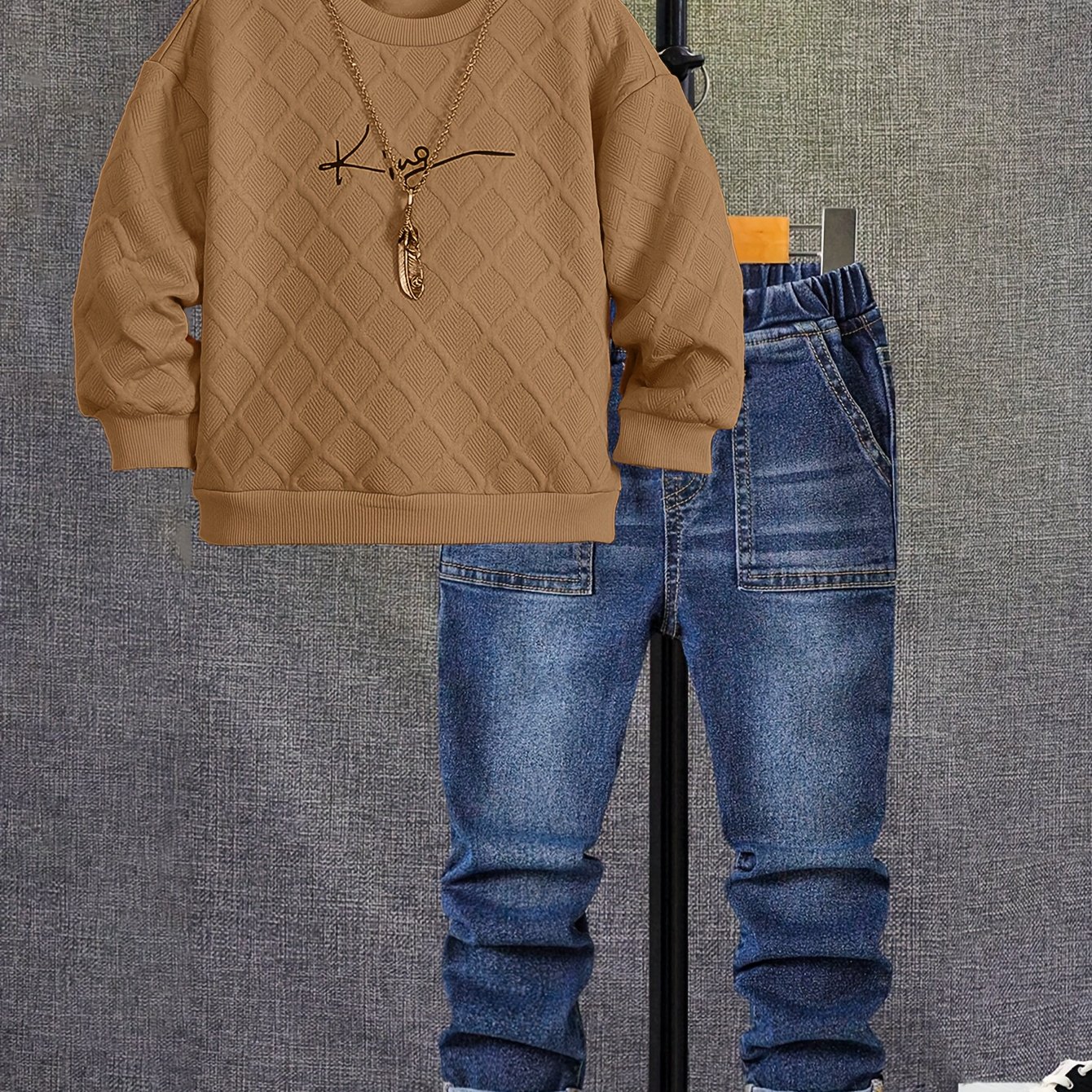 Image of Boys' Long Sleeve Orange Crew Neck Sweatshirt With Stylish English Print Pullover Top, Autumn New Arrival Casual 2pcs Set With Jeans, Perfect For Outdoor