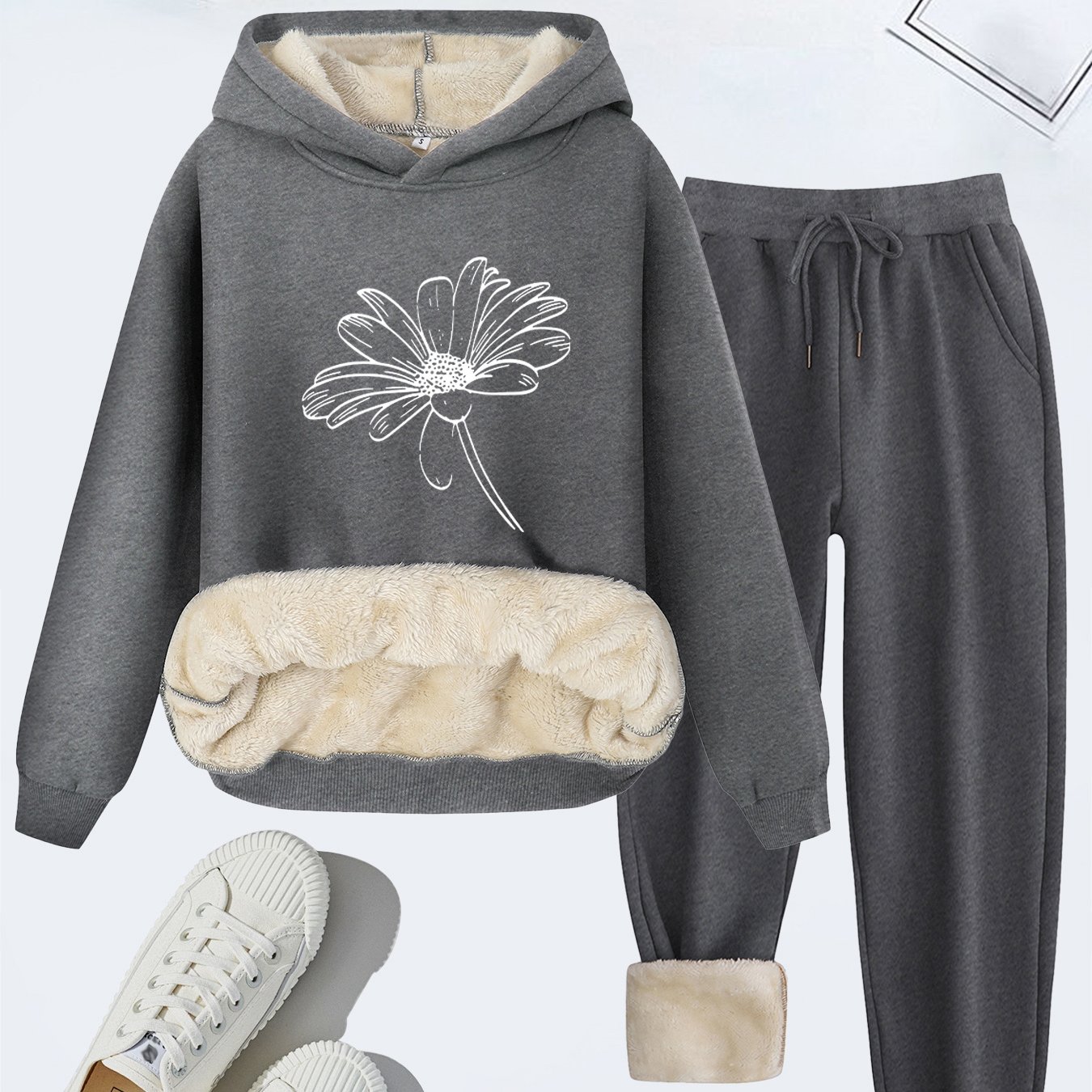 TEMU 2026 Daily Comfortable Autumn And Winter Casual Women's Wear Featuring A Easy Floral Print, Thickened Fleece-lined Hoodie With Drawstring, And