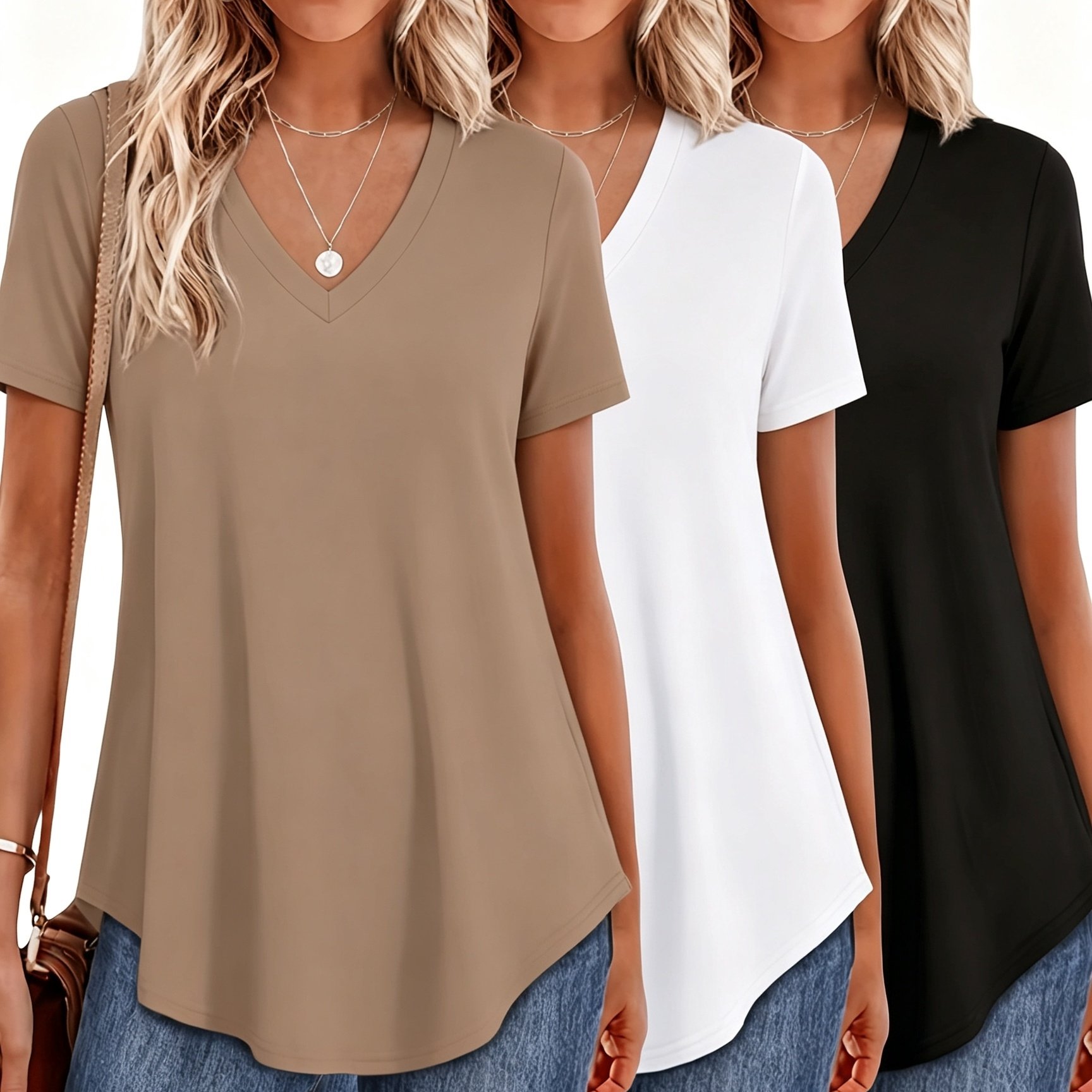 TEMU Ensemble de 3 t-shirts élégants et stylés à col en V pour femme
