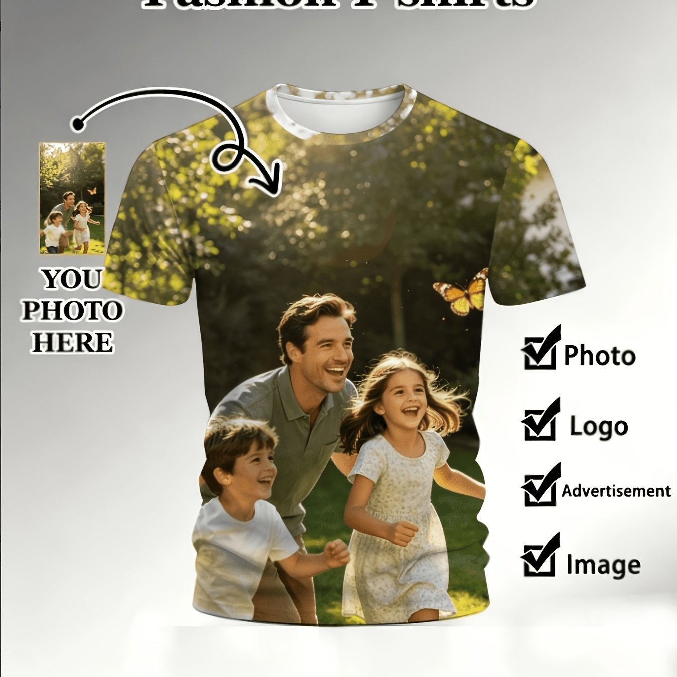 TEMU Unisex Custom Photo/design Personalized T-shirt - Crew Neck For Pet Lovers, Birthday Gifts, Event Apparel, Your Own Image, Custom Birthday Gift