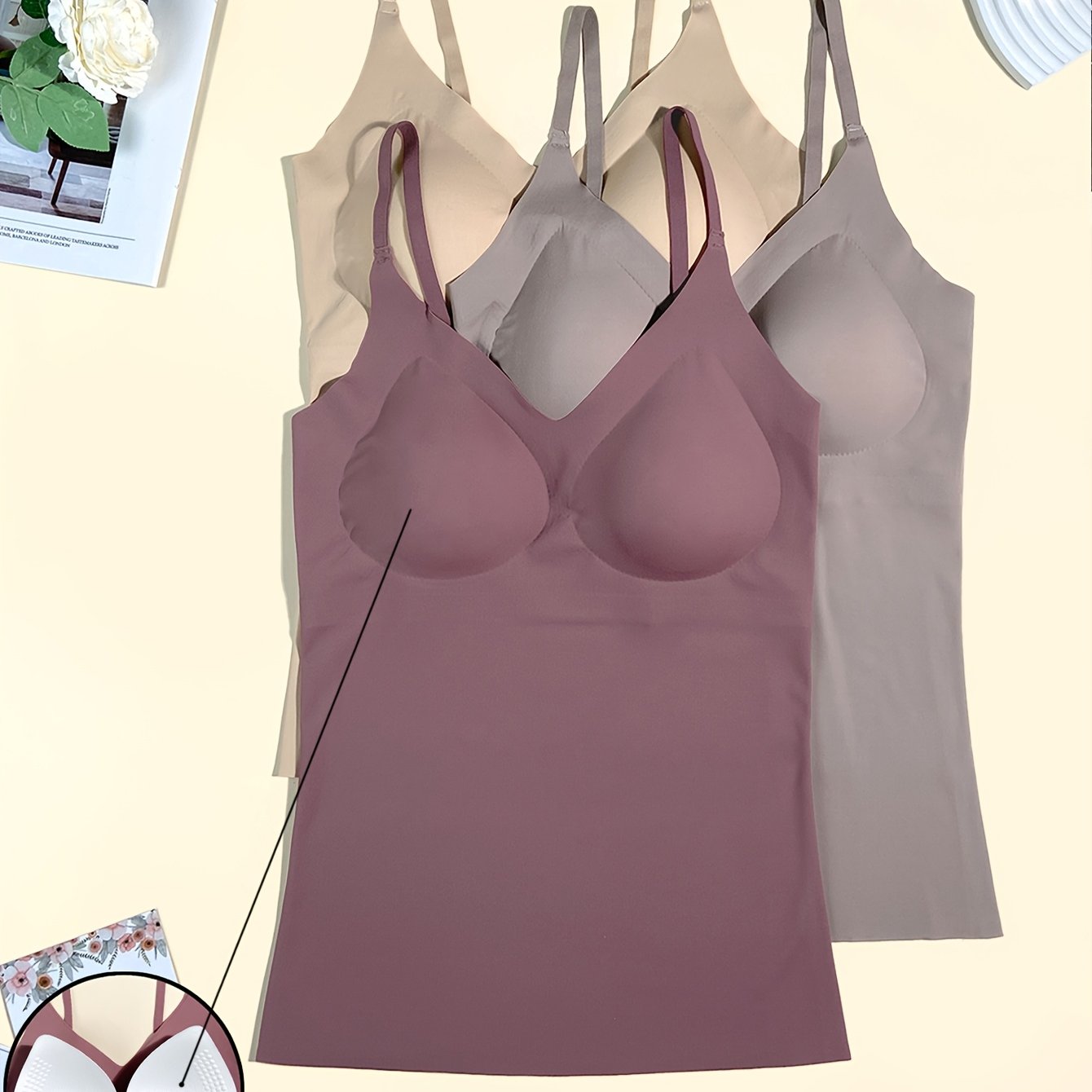 TEMU 3pcs Set Of Seamless Women's Cami Bras With Adjustable Straps, Outer Wear And Inner Layer, Elastic Comfortable Removable Padding, Strappy Sports