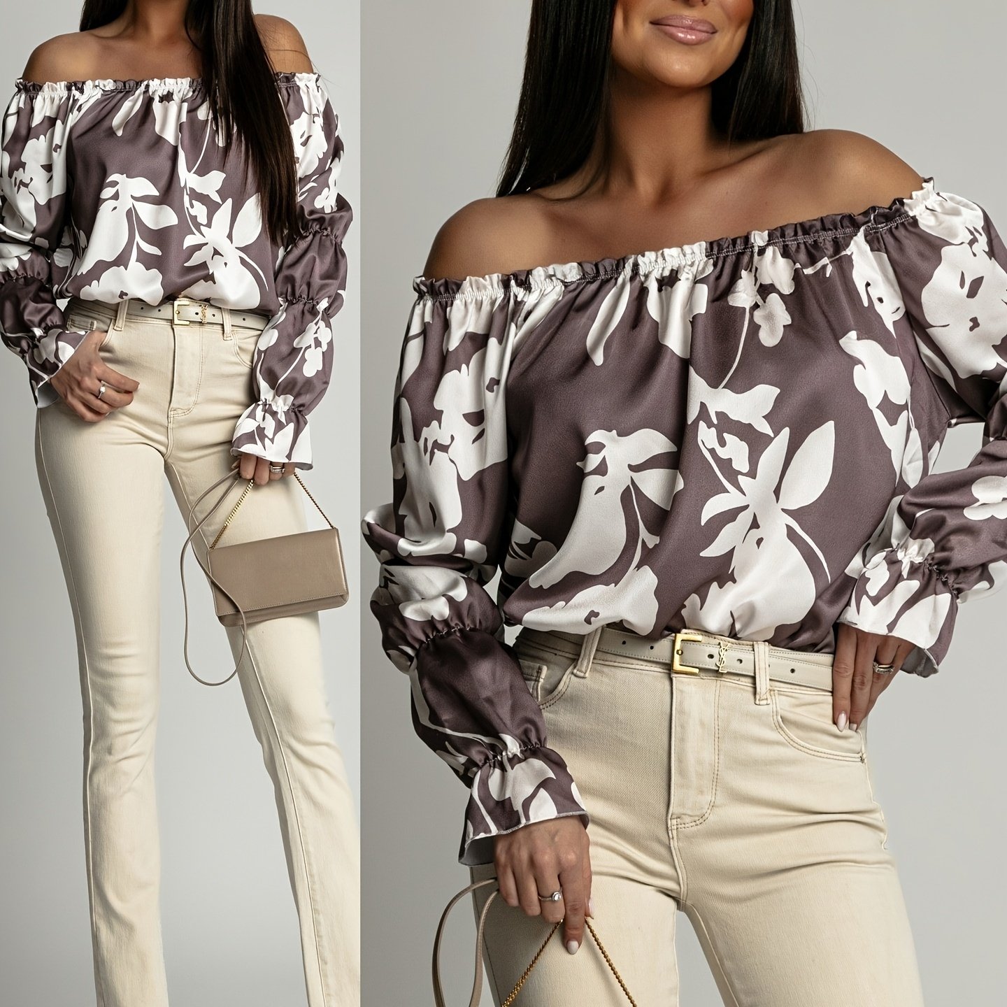 TEMU French Long-sleeve Shirt With Random Floral Prints, Stylish And Elegant Design For Women, Featuring A Loose Fit That The Figure