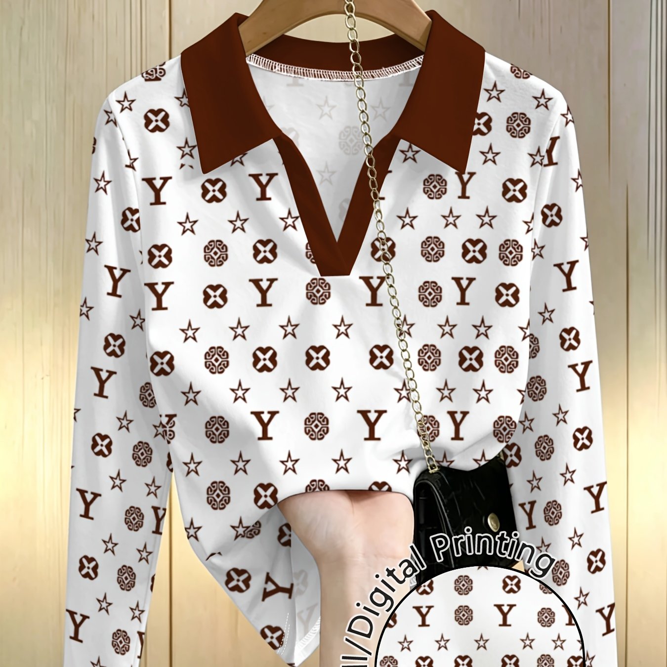 TEMU Fashionable Women's Printed Long-sleeve Shirt, All-match Letters And Stars , Commuting And Casual Dual-use Top, Trendy Must-have For Spring And