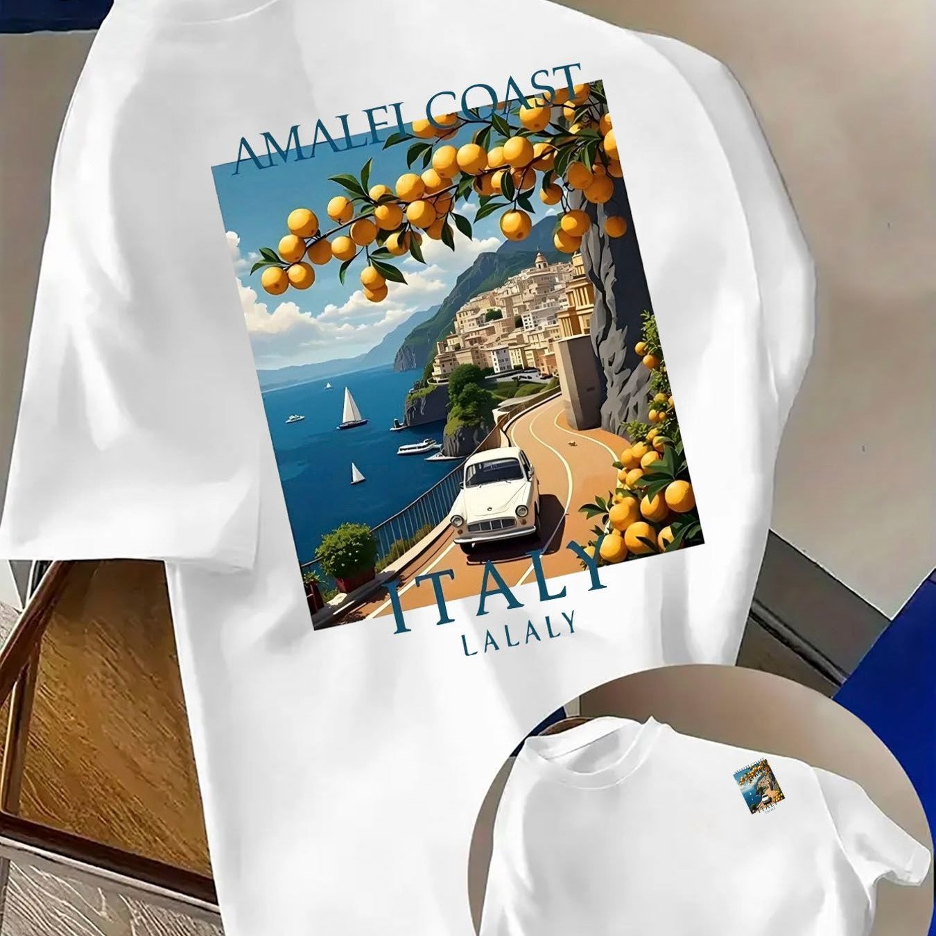 TEMU Italian Amalfi T-shirt- Lemon Trees And Scenery Print With White Car Motif- Soft, Breathable, Loose-fit Short-sleeve T-shirt, Suitable As A