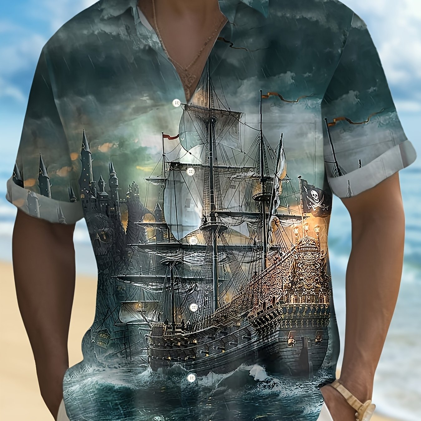 TEMU [printed Design - Not Textured] 2026 Summer New Arrival Men's Plus Size Shirt, Men's Vintage Nautical Pirate Print Button-up Shirt - Short