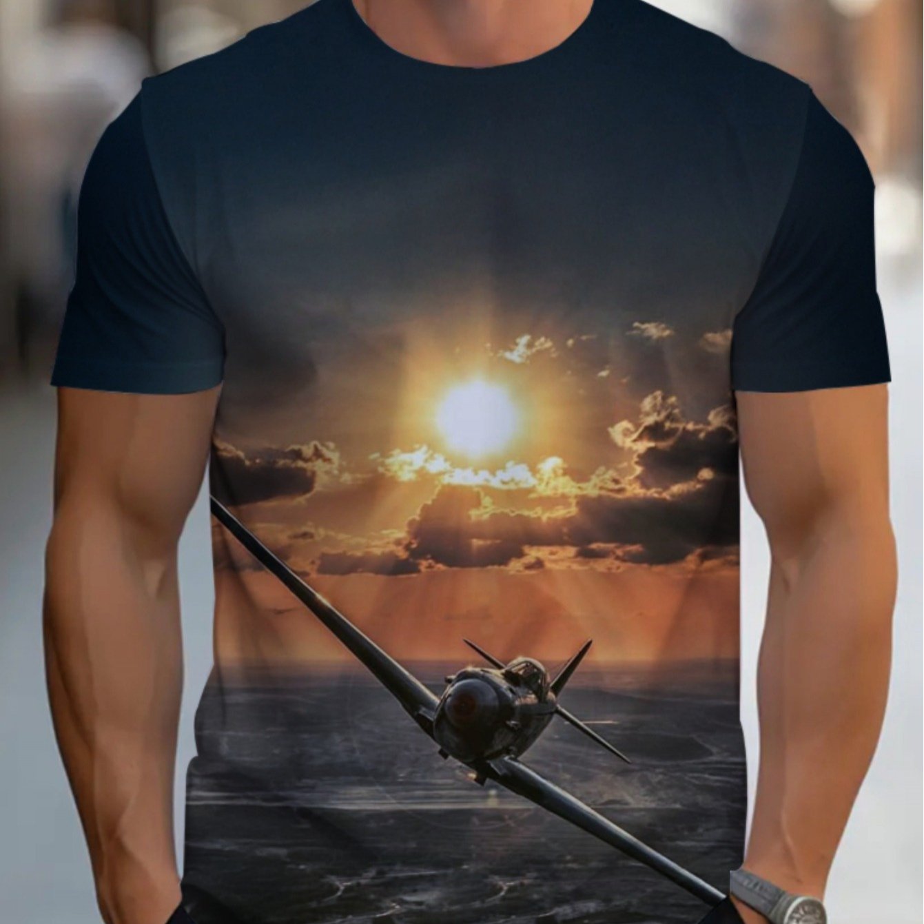 TEMU Men's Casual T-shirt With Sunset Airplane Print - Soft, Lightweight, And Durable For Comfortable Casual Attire, Black, Vibrant Aircraft Design,