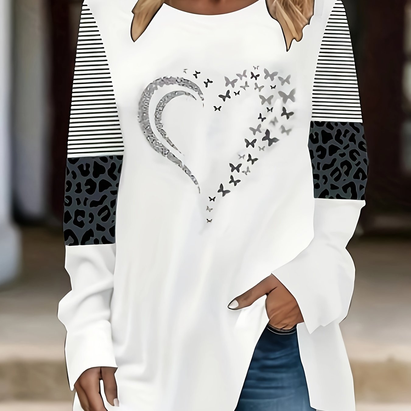 TEMU Plus Size, New Plus Size Women's Casual Heart Print Long Sleeve T-shirt