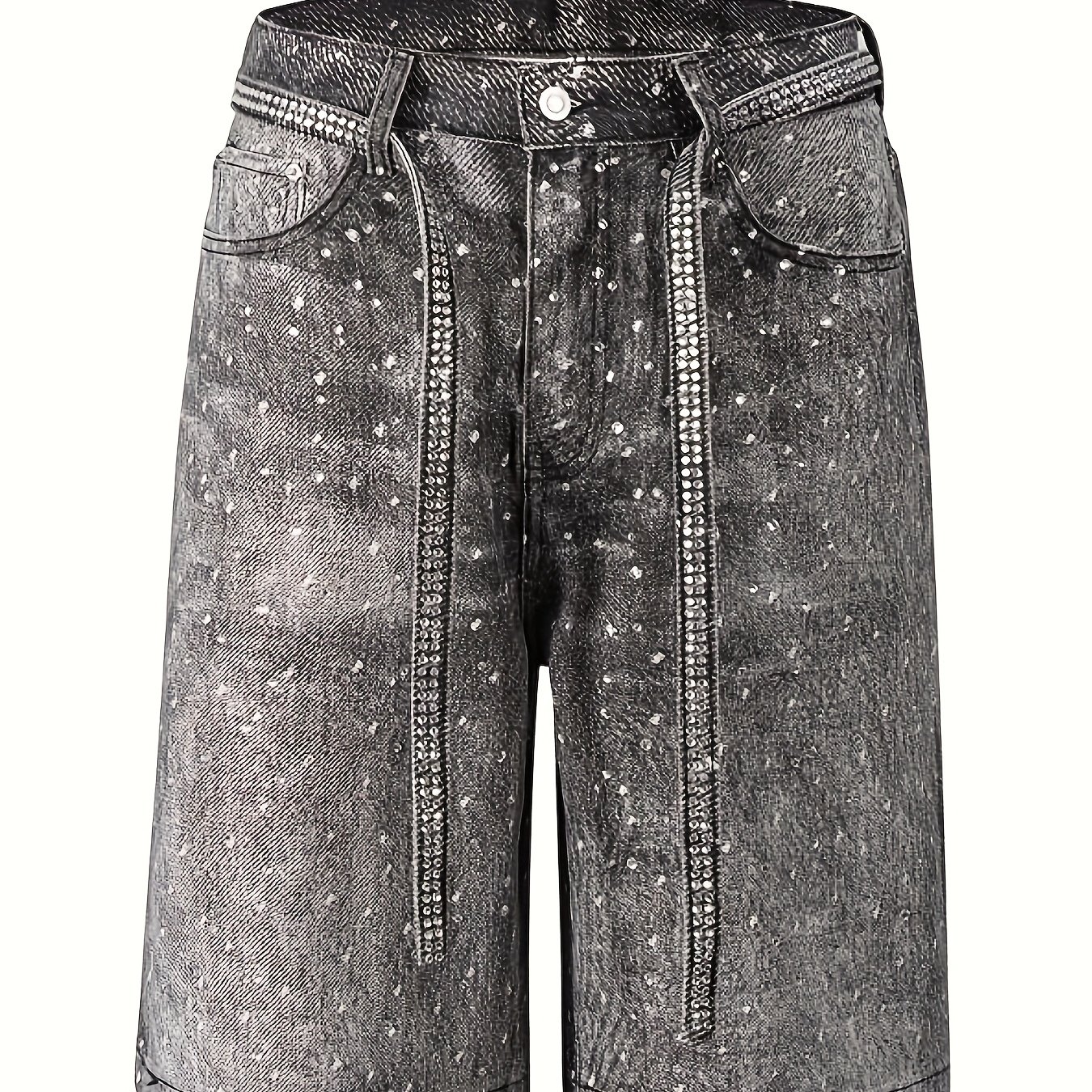 TEMU European And Versatile Diamond Studded Denim Shorts And Belt, Unisex, Vintage Washed, Starry With Diamonds, Suitable For Spring And Summer