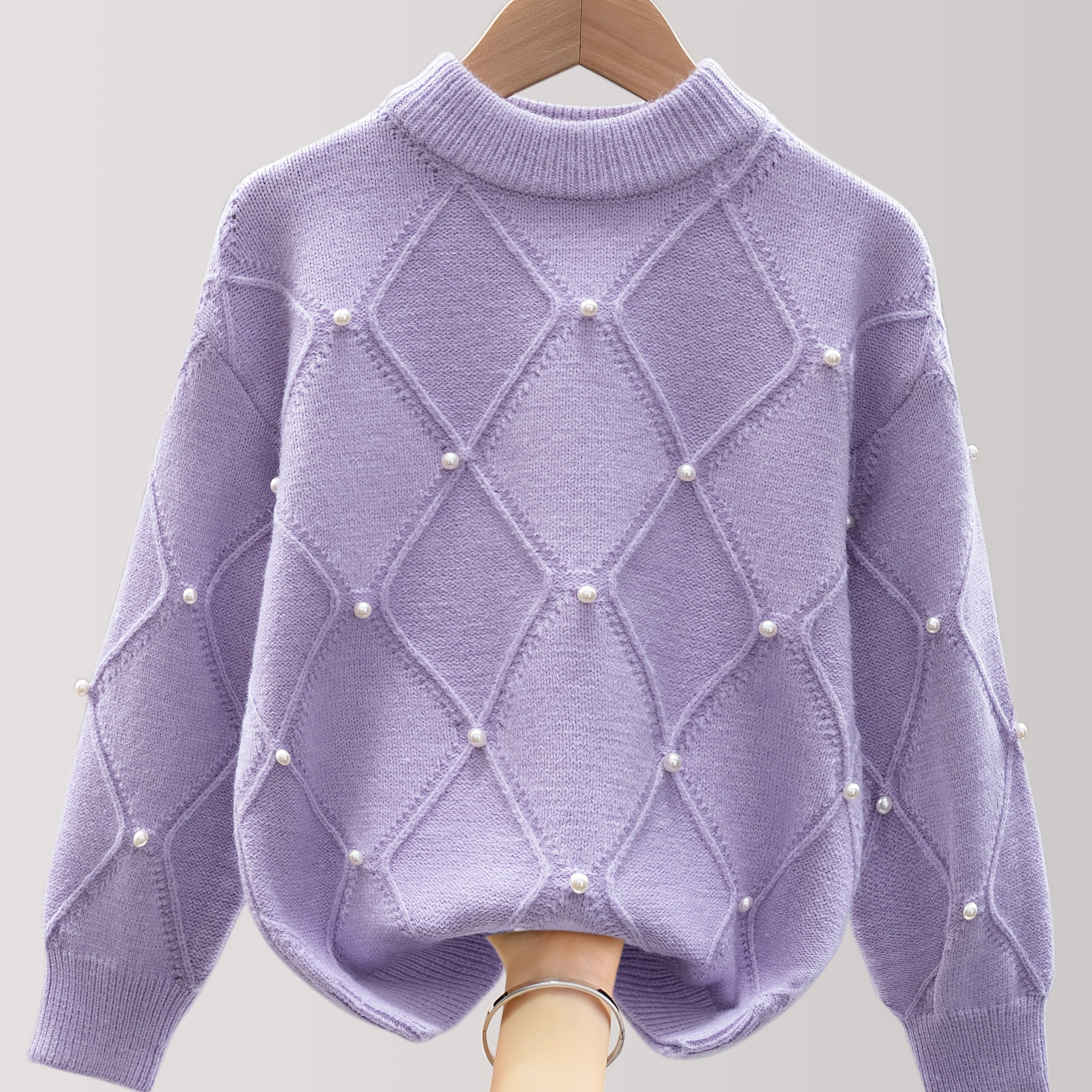 Image of Unique Craft Beading Knitting Girls' Autumn Winter Sweater Casual Cute Inner Top Rhombus Design Worn Outside
