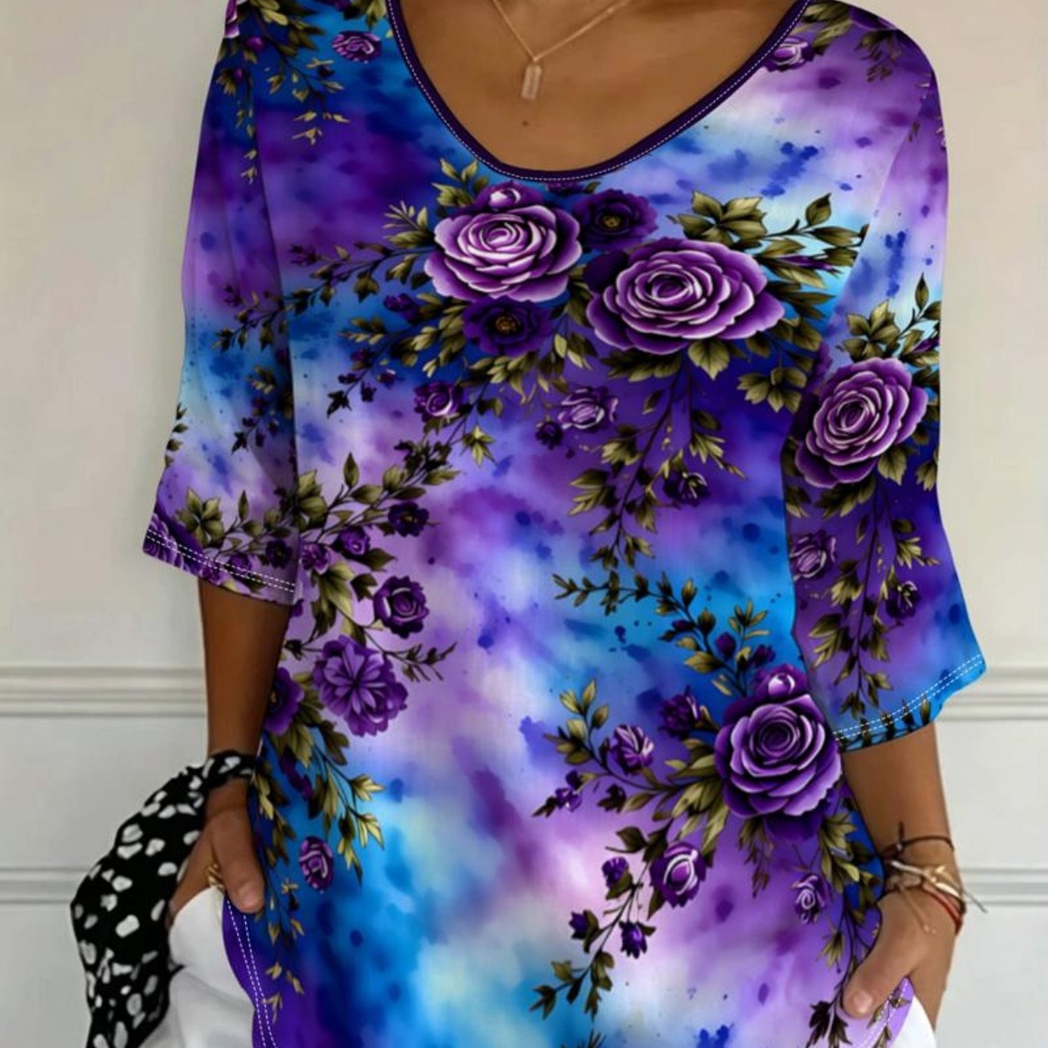 TEMU Plus Size Women's Floral Print Top, V-neck 3/4 Sleeve Fitted Style, Summer 2026 Bohemian New Style, All-match , Mixed Colors, Romantic Deep