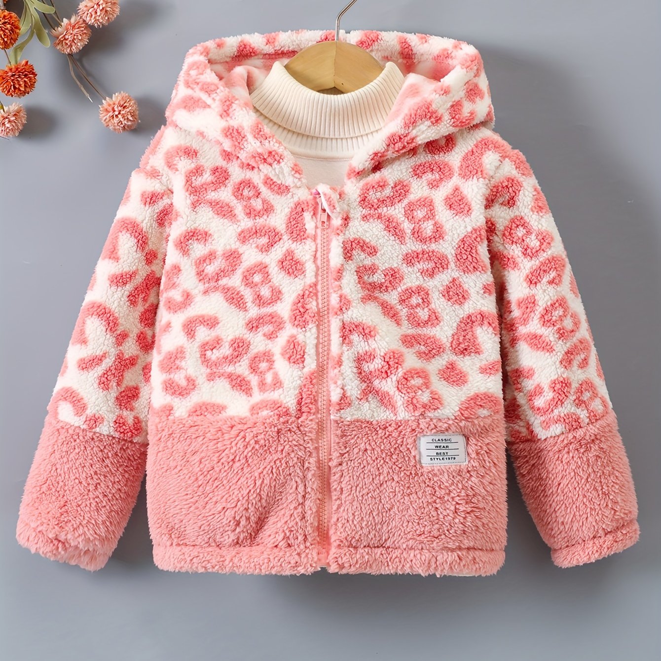 Girls' Autumn/ Leopard Block Warm Comfortable Plush Hooded Cardigan