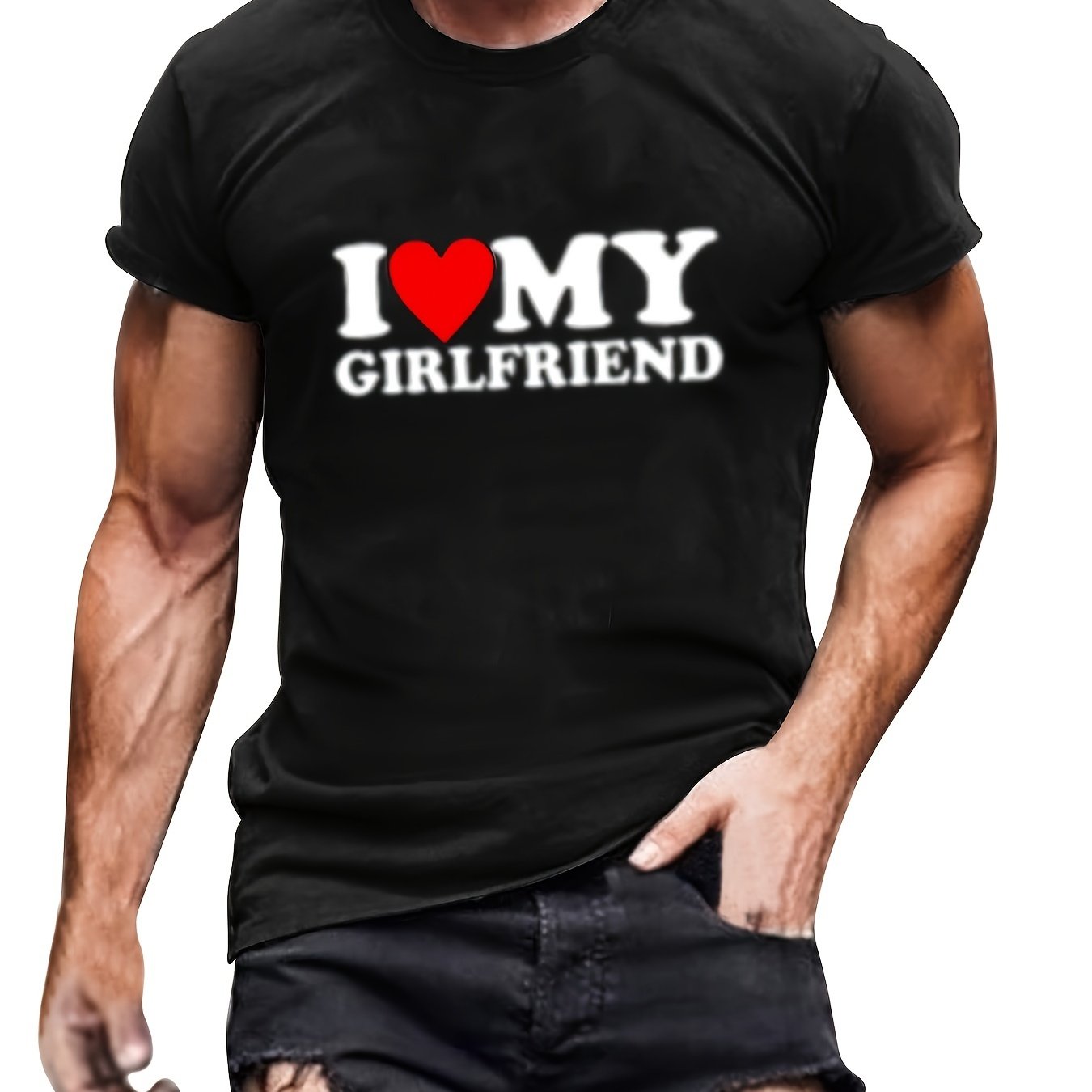 TEMU I Love My Girlfriend Print Short Sleeve Tees For Men, Casual Crew Neck T-shirt, Comfortable Breathable T-shirt, Valentine's Day Gift