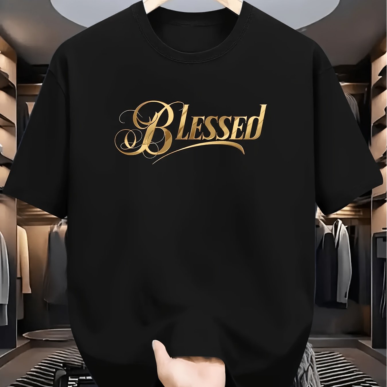 TEMU Men's 'blessed' Golden Letter Print Burgundy Casual Short Sleeve T Shirt Summer Training Top Regular Neck Machine Washable Shirt-unisex Holiday
