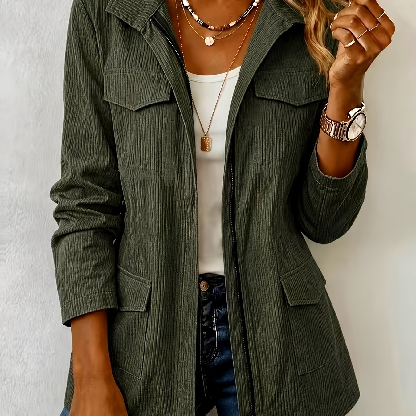 TEMU Veste décontractée grande taille pour femmes, collection printemps-automne toutes , texture côtelée, manteau à poches. Tenue décontractée pour