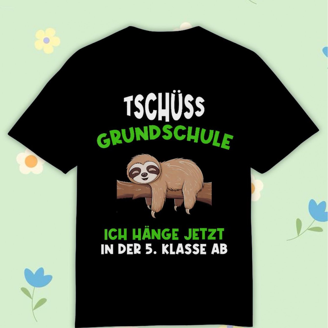 Image of Schulkind Sloth 'tschuss Grundschule Hang In The 5th Grade' T-shirt Black Comfortable Casual Crew Neck Tee For Boys And Girls T Shirt, 200g