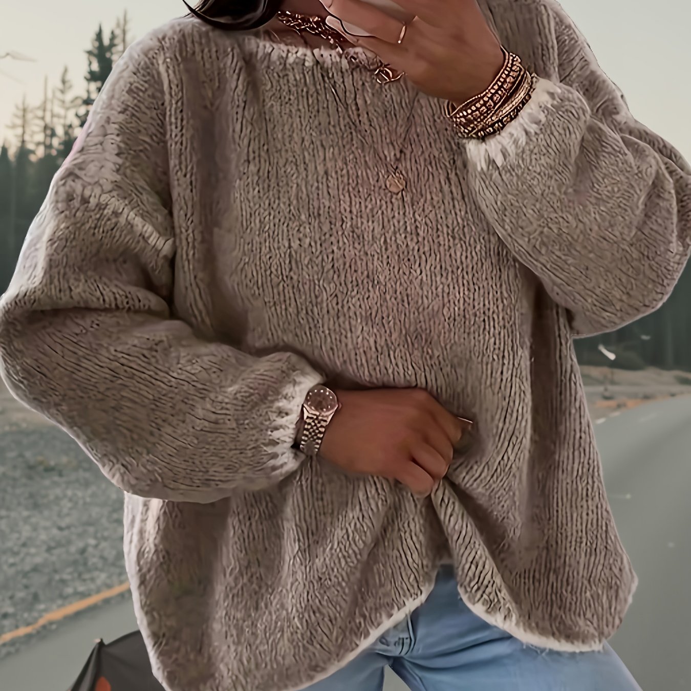 Women's Round Neck Color Block Long Sleeve Sweater