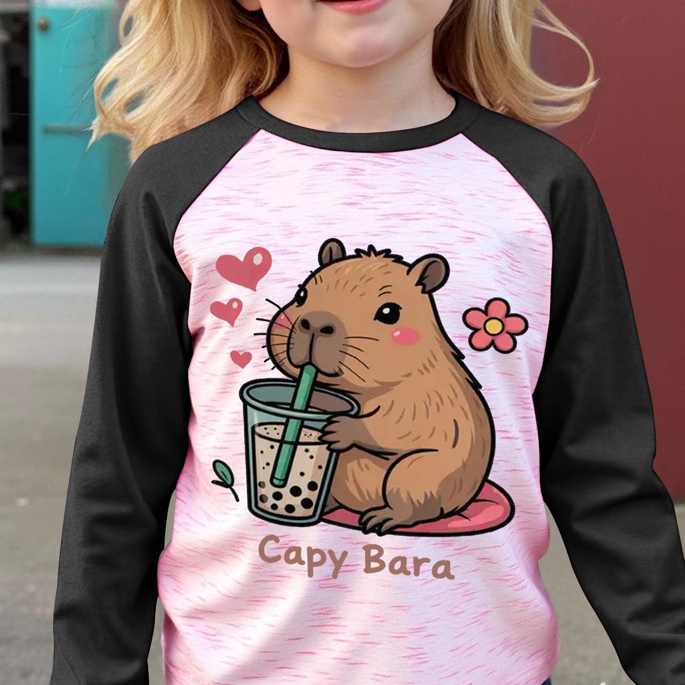 Image of Girls' Fashionable And Versatile Capybara Drinking Milk Tea Print Long-sleeve T-shirt, Raglan Long-sleeve T-shirt, Children's Casual Wear Suitable For Outdoor Wear