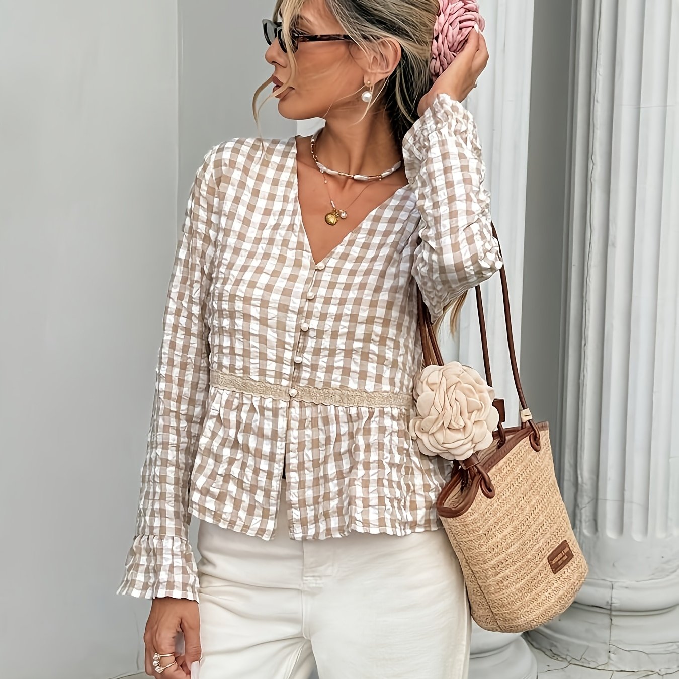 TEMU Plaid V-neck Long-sleeve Shirt, Women's Country-style Top, Elegant Loose Fit Casual Vacation Beach Top