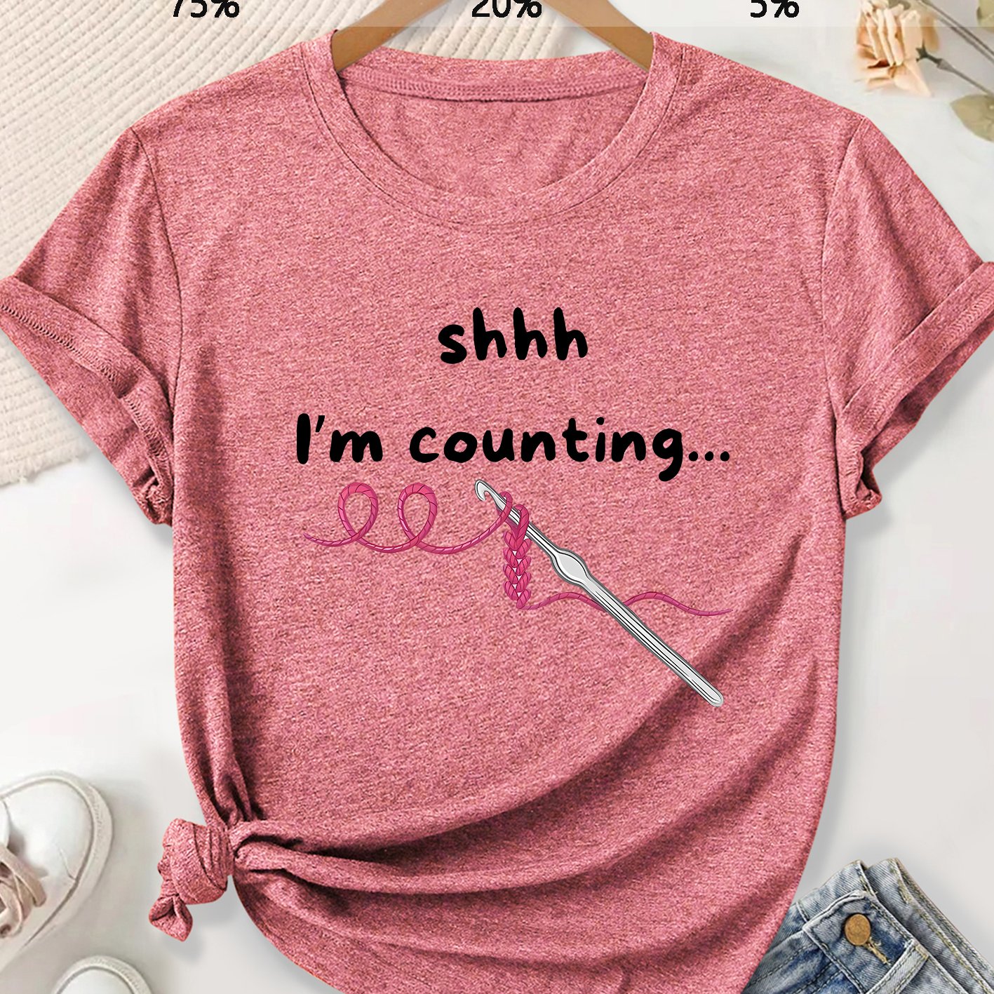 TEMU Summer Plus Size Women's Short Sleeve Shhh I'm Counting Crochet Pink Yarn Fun Text Pattern Print Retro Round Neck Women's Elegant T-shirt 2026