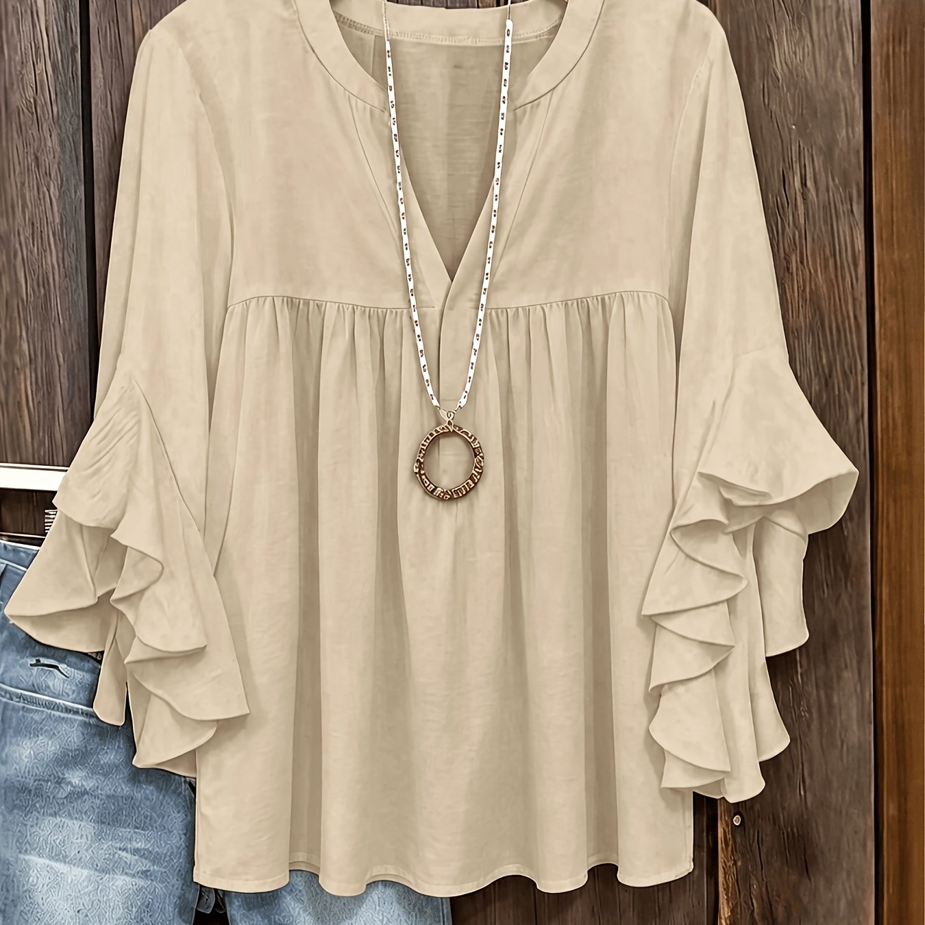 TEMU Summer Solid Color Women's Casual V-neck Sleeve Cuff Shirt