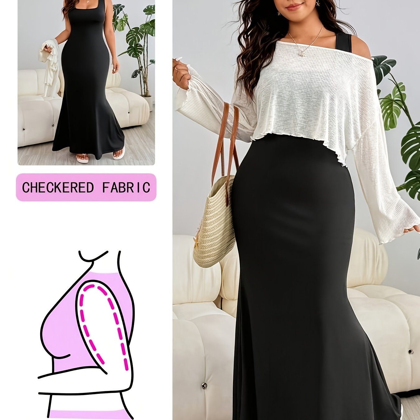 TEMU Plus Size Women's Summer Casual Autumn Solid Long Skirt And Casual Loose Knit Sheer Long Sleeve Top For Dating, Vacation