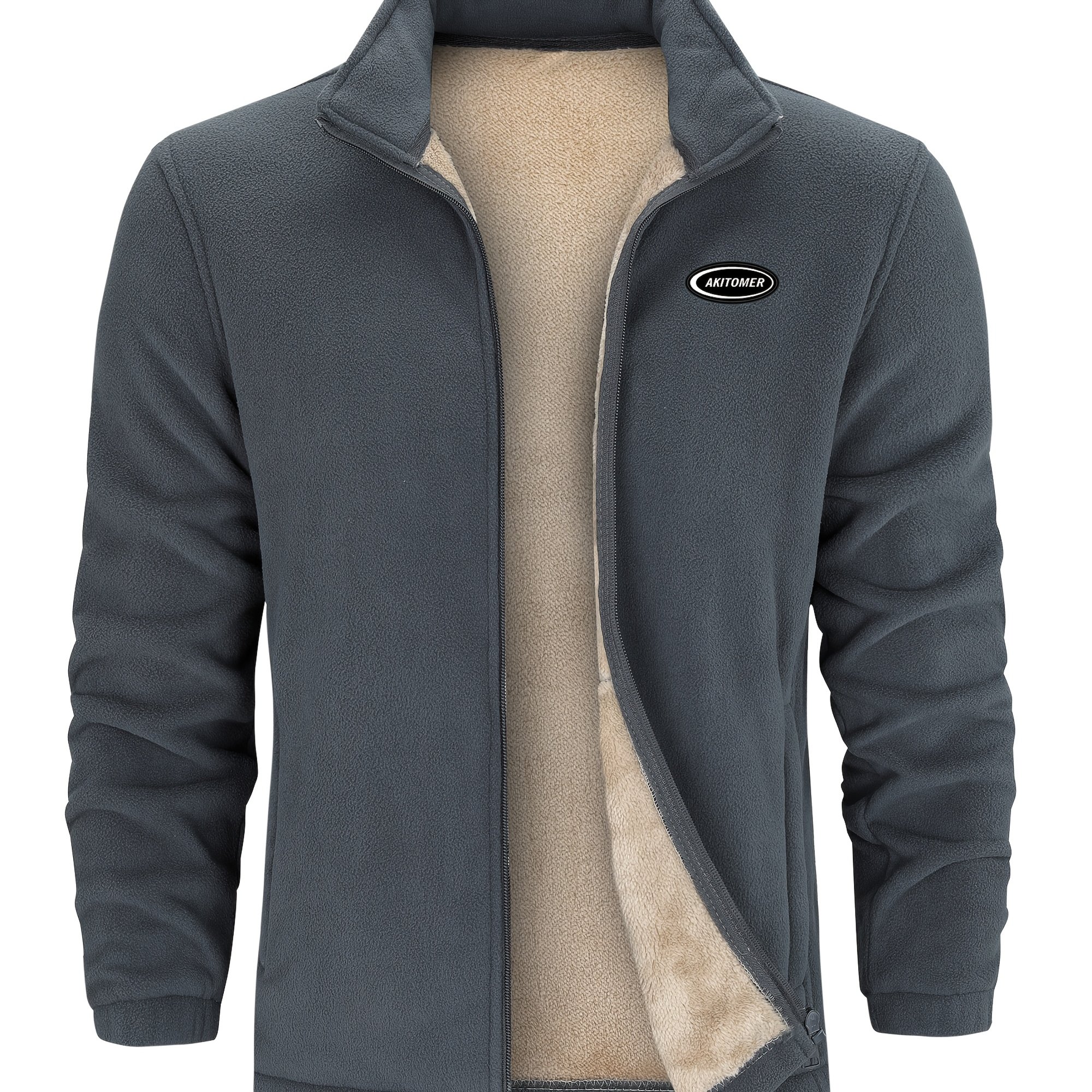 TEMU Men's Winter Solid Color Thermal Zipper Jacket With Collar, Warm Outdoor