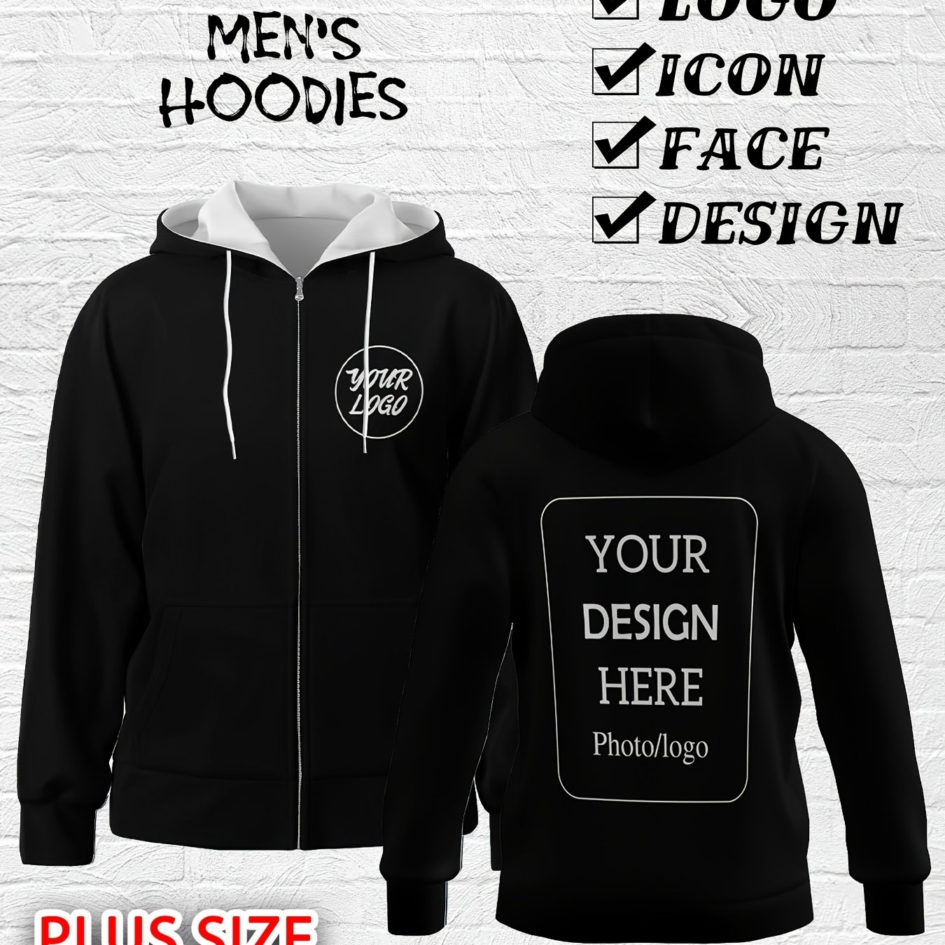 TEMU Custom Men's Zip Hoodie - Personalized Front Design, Full Zipper Closure Fitness Running Casual Wear Spring And Autumn Clothing, Front Pocket