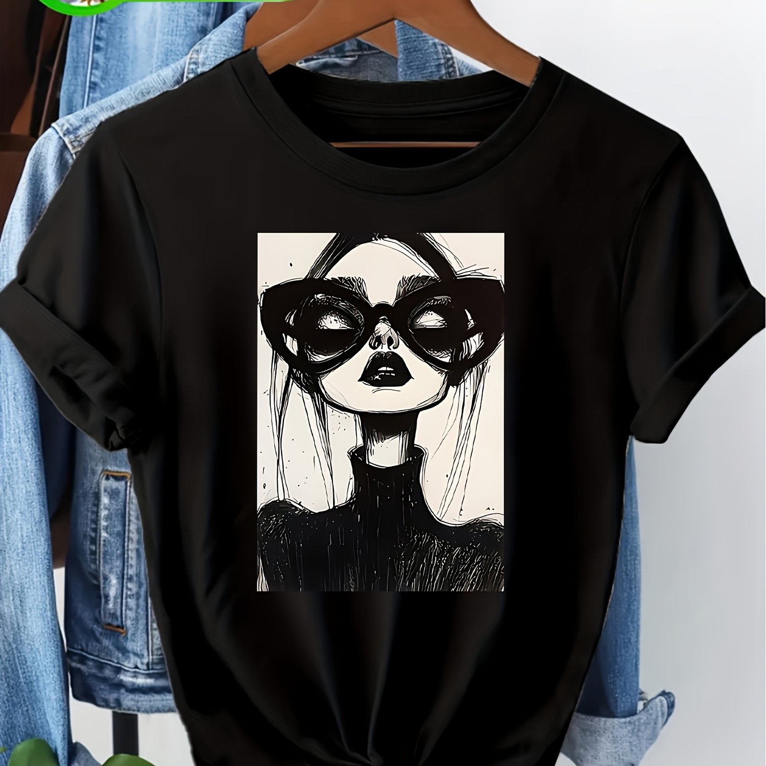 Image of Women's Fashion Woman Sketch Graphic T-shirt, Casual Minimalist Art Short Sleeve Tee