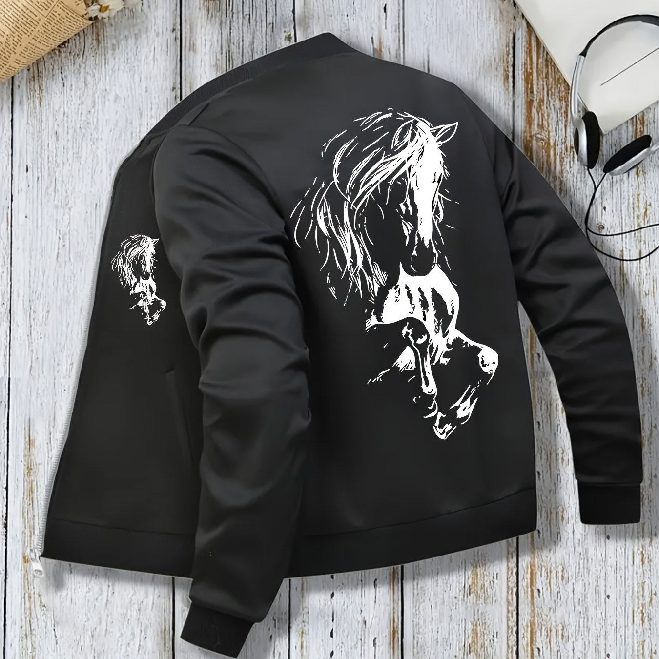 TEMU 2026 New Zipper Sweatshirt Jacket, Unisex Open Front Collar Double-sided Horse Jacket For , Casual Jacket With Loops