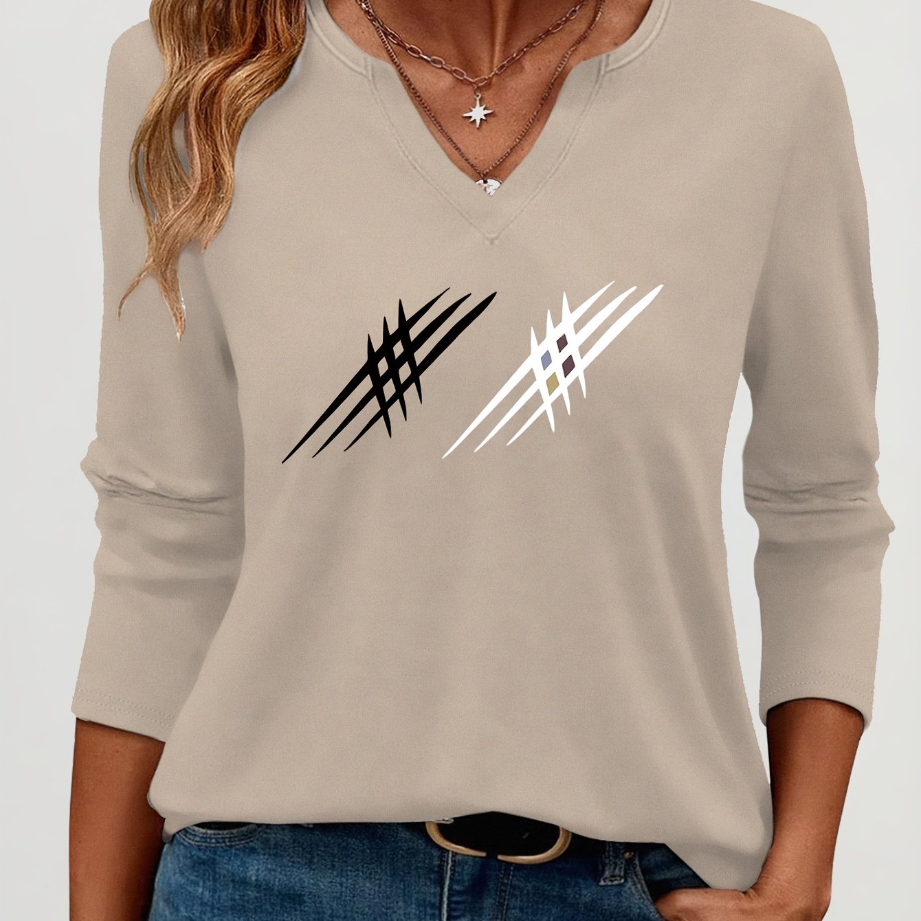 TEMU V-neck Three-quarter Sleeve T-shirt With Dual-tone Line Pattern Print, A Stylish And Versatile Top, Summer Basic Three-quarter Sleeve T-shirt