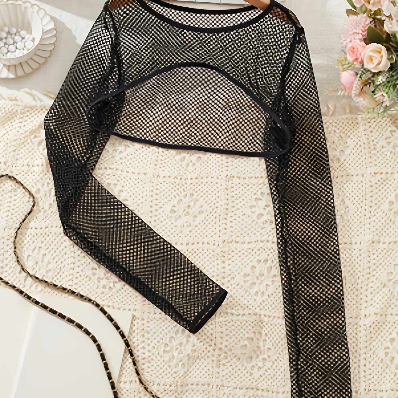 TEMU Ladies' Fashionable Spicy Style Hollow Mesh Outer With Anti-cover Shirt Long Sleeve