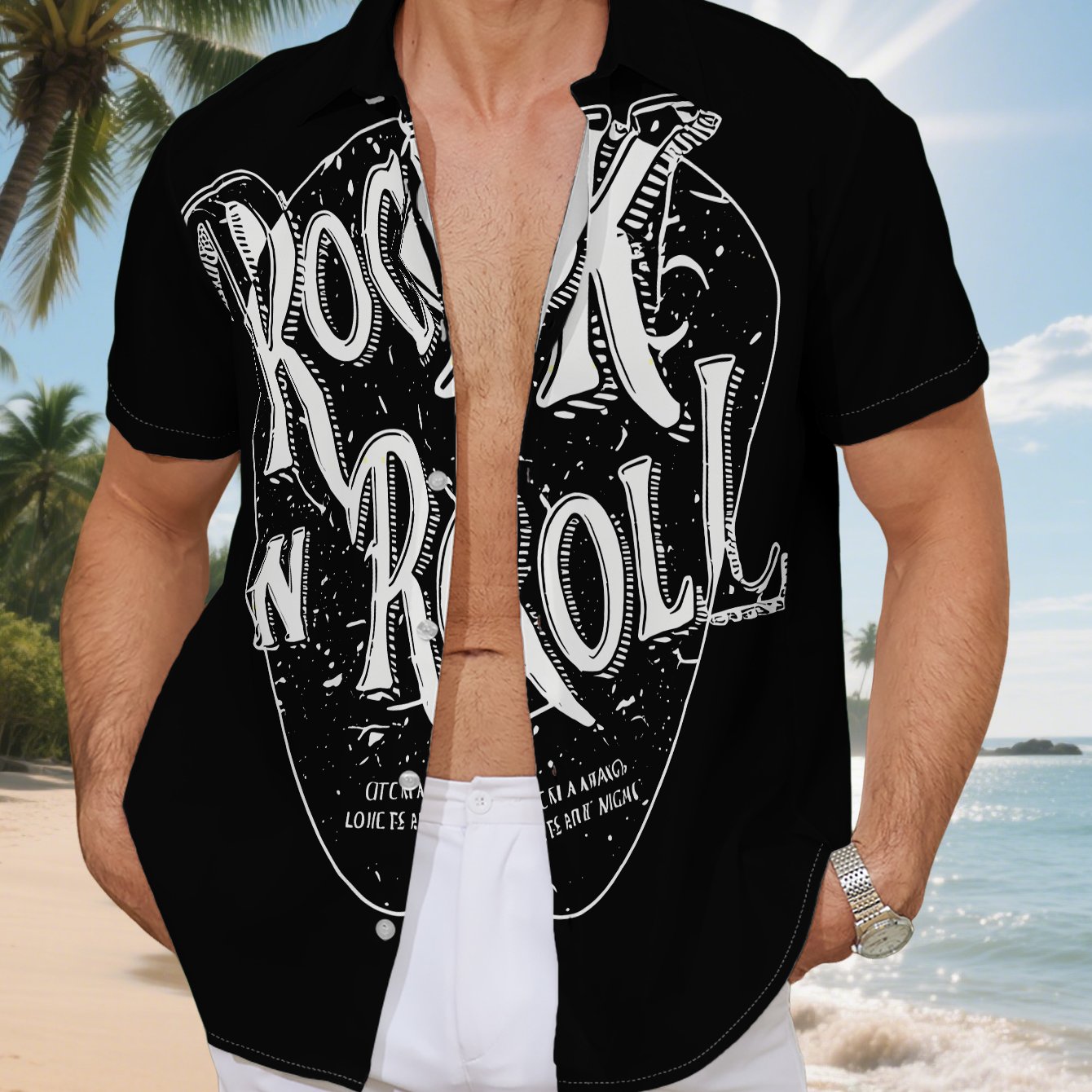 TEMU Chemise Homme Manches Courtes - Motif Imprimé Numérique Plat - Texture - Design Poinçon Guitare Rock, Manches Courtes Élégantes et Faciles,