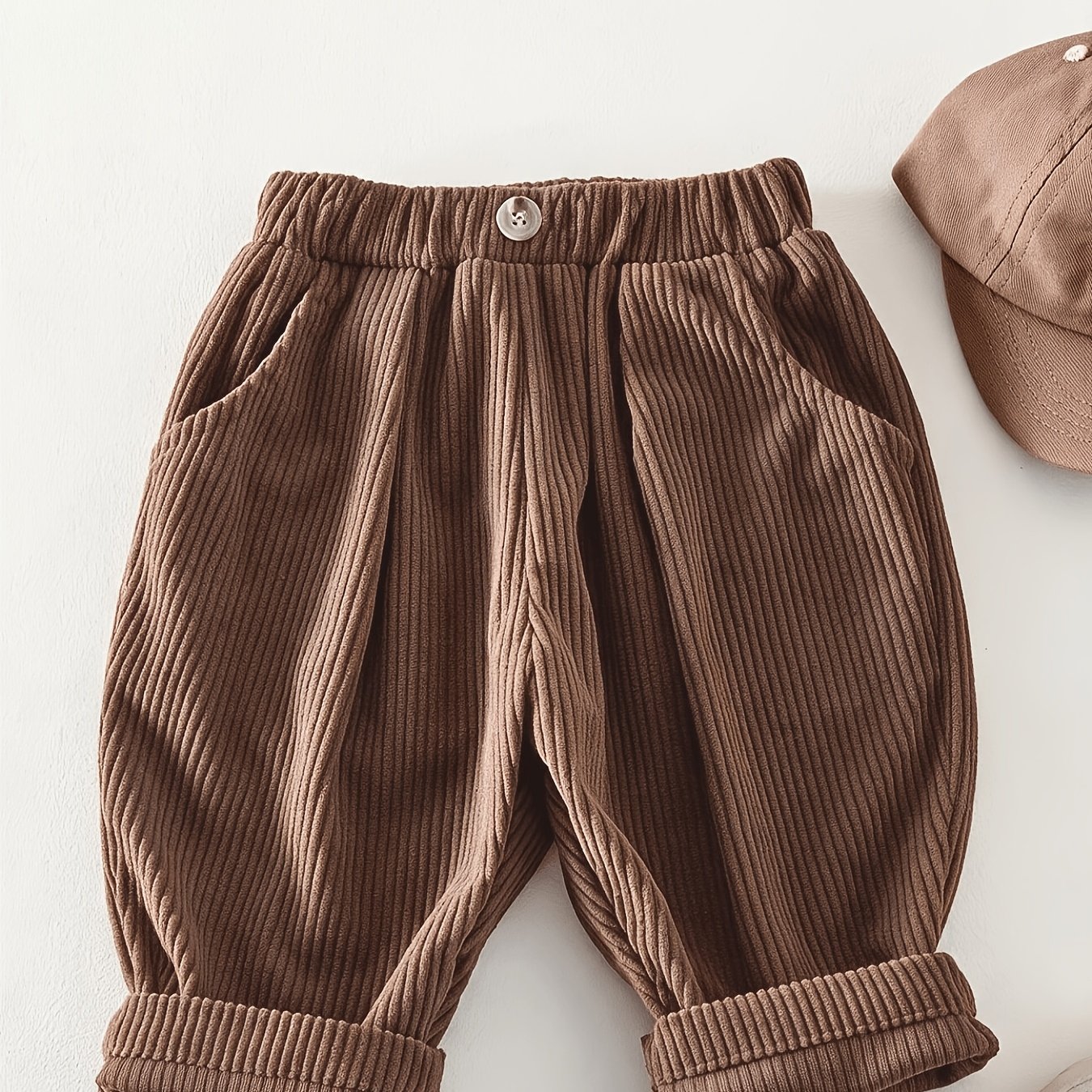 Image of Autumn And Winter Baby Boys And Girls Solid Color Casual Pants Corduroy Trousers, For Outdoor, Loose Fit, Soft, Home, Striped Pattern