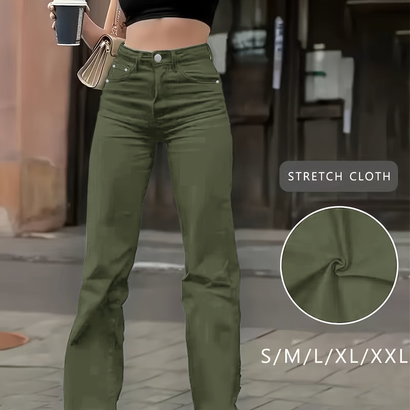 Image of Women's Denim Trousers, With A Stretch Waist Design And Straight Legs. In Military Green And Coffee Color. Suitable For . The Front Opening Is Closed With . Simple And Elegant, Versatile