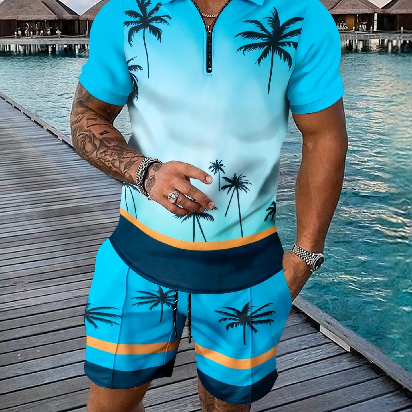 TEMU Men's Summer Beach 2pcs Sets, Tree Print Short Sleeve Shirt And Shorts, Lightweight Vacation Wear For Holiday, Swim & Casual