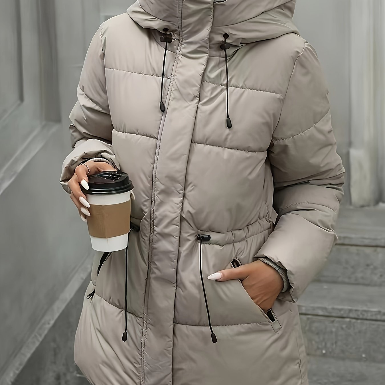 Image of A New Stylish Women's Thick Hooded Coat, A Mid-length Warm Jacket With A Zipper, Featuring An Adjustable Drawstring Waist Design, A Solid Color Loose-fitting Casual Long-sleeve Comfortable Coat