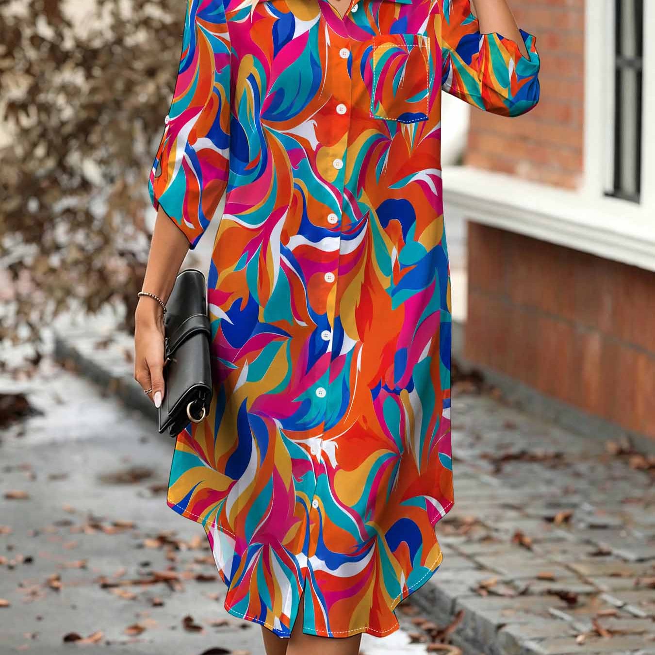 Image of Plus Size Women's Vibrant Abstract Swirl Print Shirt Dress, Button- Collar, Aline Mid-length With 3/4 Sleeves, Button- Collar And , Artistic Boho Style Shirt Dress With Chest