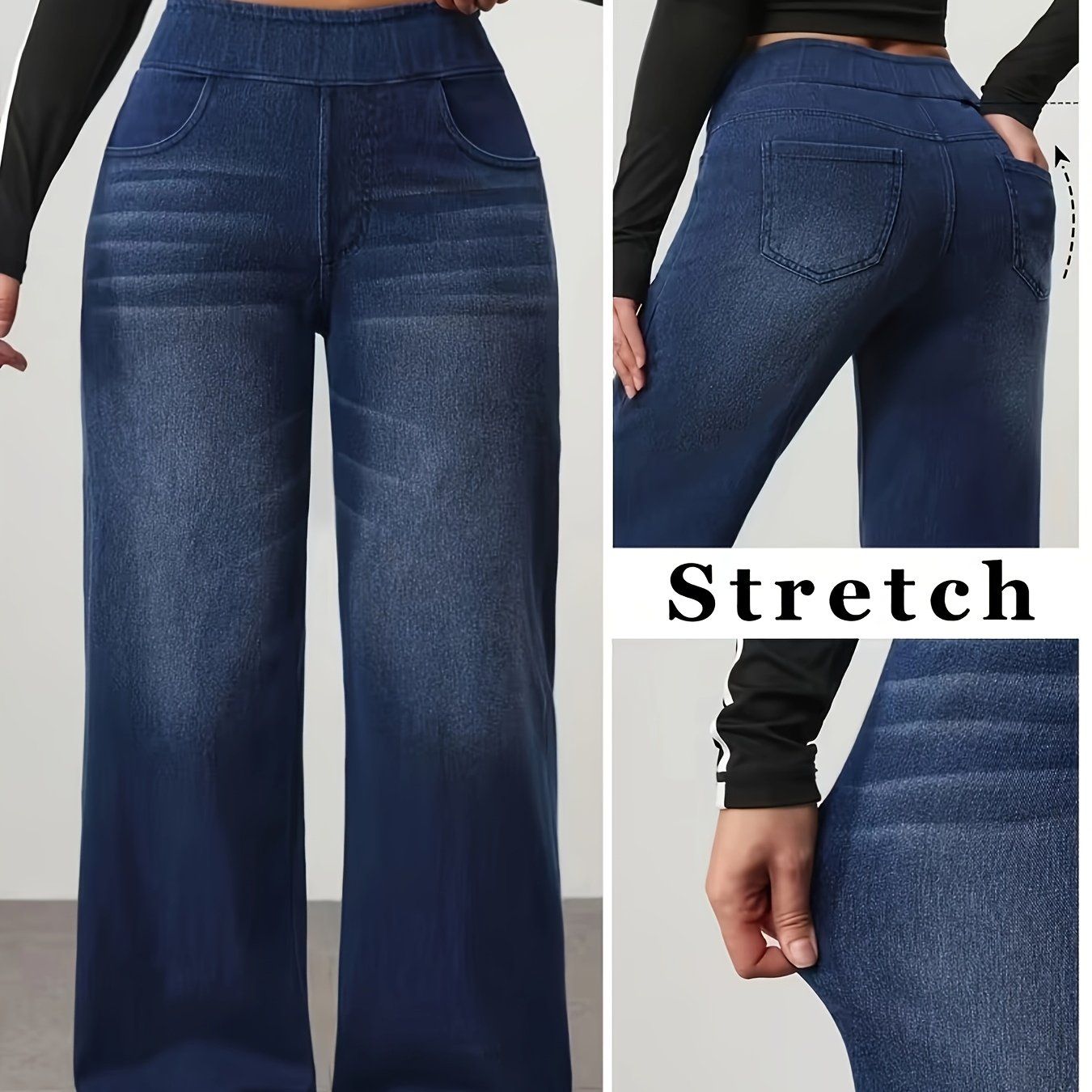 TEMU Dames Plus Size High-Waist Wide-Leg Jeans - Stretch Denim Broek met Elastische Tailleband, Gewassen Casual Straight Leg Broek Geschikt voor Alle